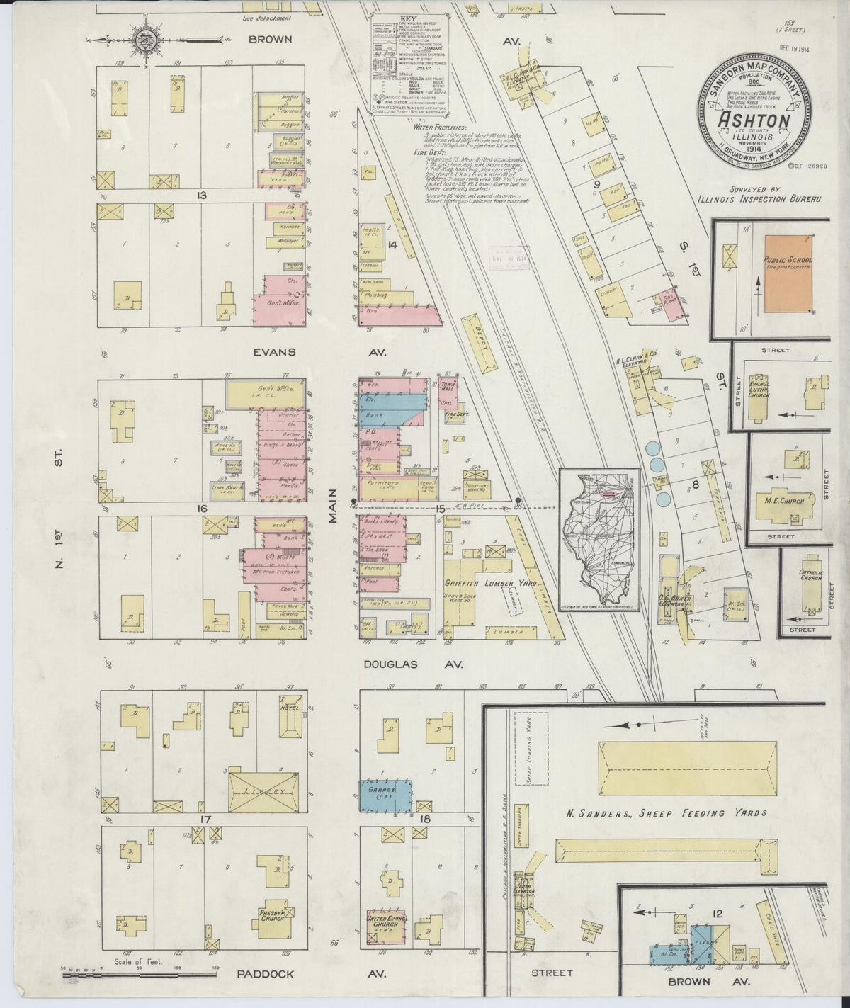Sanborn Fire Insurance Map from Ashton, Lee County, Illinois (1914), Sheet #0001 - Historic Sanborn Fire Insurance Map Print, vintage old map wall art, antique decor, genealogy gift, Illinois Illinois map