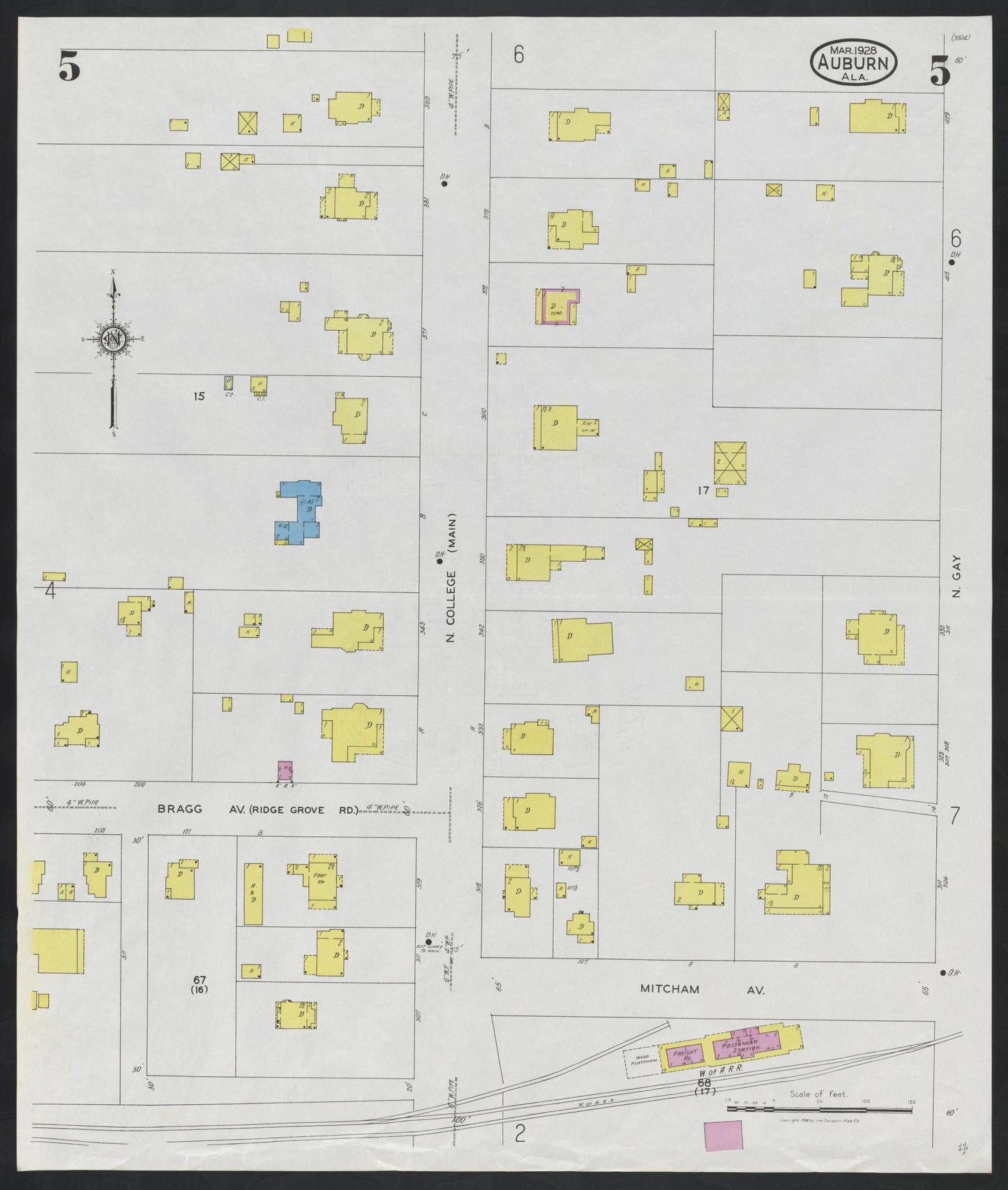 Sanborn Fire Insurance Map from Auburn, Lee County, Alabama (1928), Sheet #0005 - Complete Map Set gallery image, historic Sanborn map, vintage wall art, Alabama Alabama