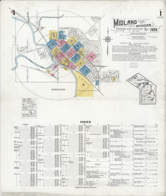 Sanborn Fire Insurance Map from Midland, Midland County, Michigan (1926), Sheet #0001 - Complete Map Set gallery image, historic Sanborn map, vintage wall art, Michigan Michigan
