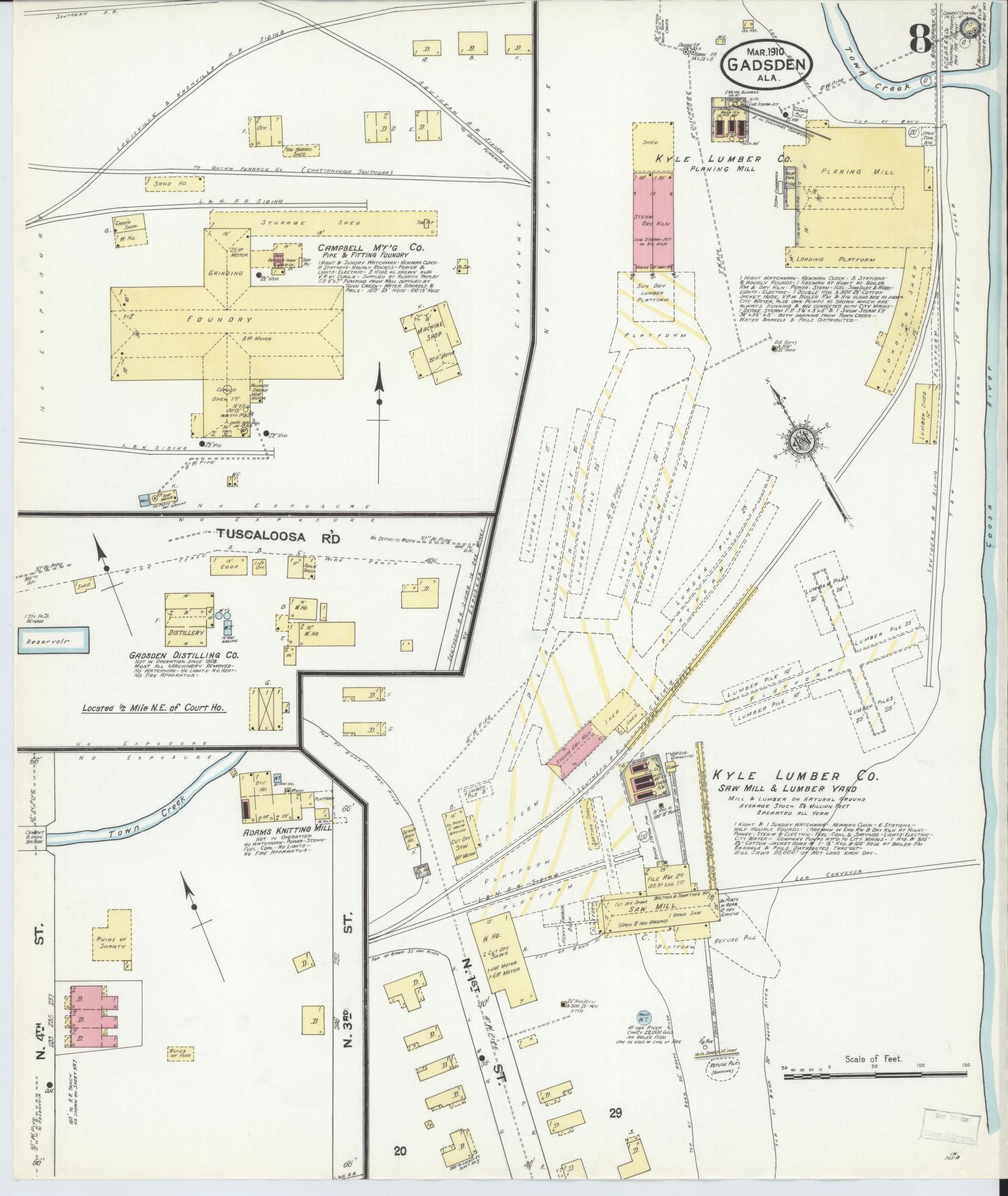 Sanborn Fire Insurance Map from Gadsden, Etowah County, Alabama (1910), Sheet #0008 - Complete Map Set gallery image, historic Sanborn map, vintage wall art, Alabama Alabama