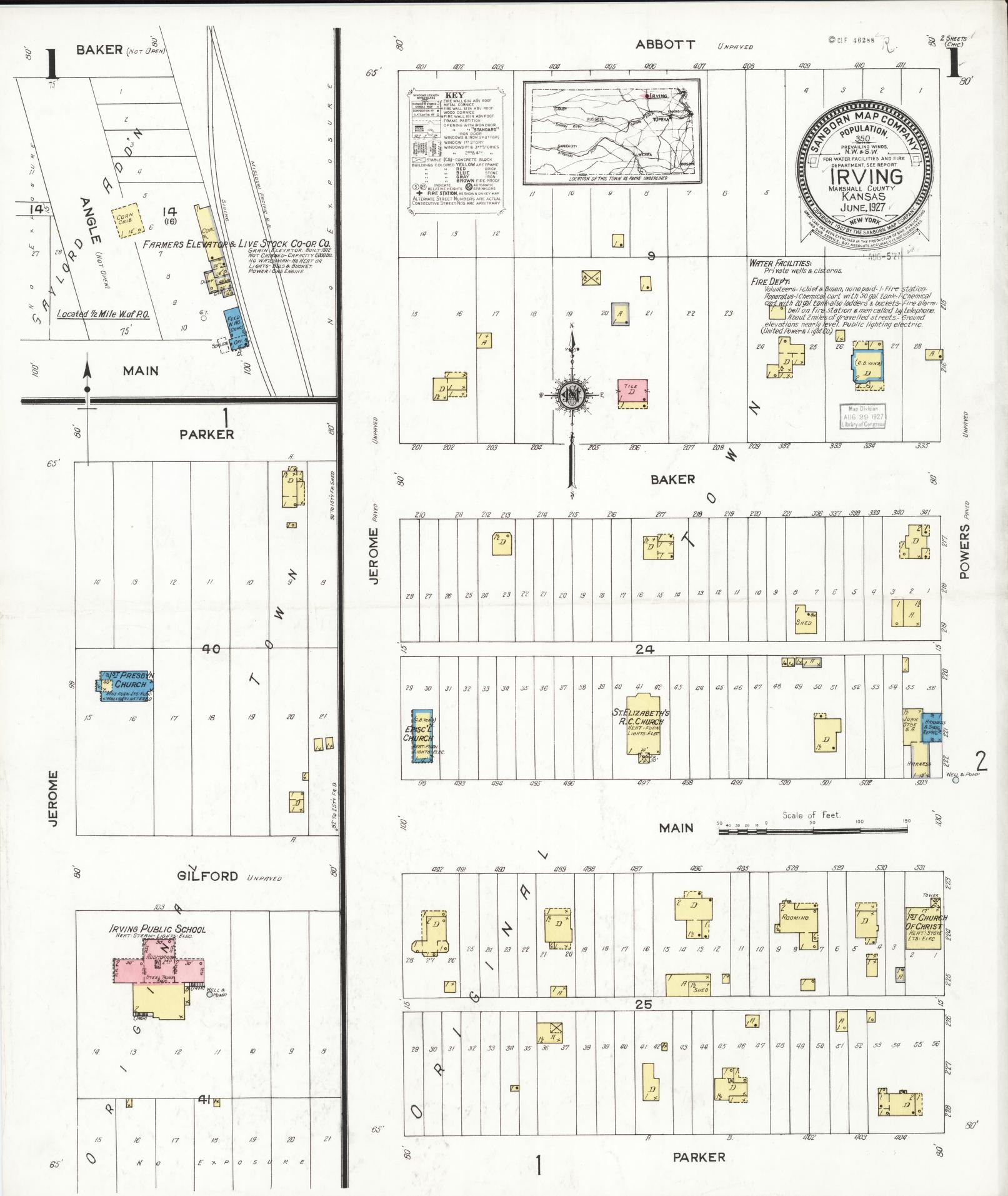 Sanborn Fire Insurance Map from Irving, Marshall County, Kansas (1927), Sheet #0001 - Complete Map Set gallery image, historic Sanborn map, vintage wall art, Kansas Kansas