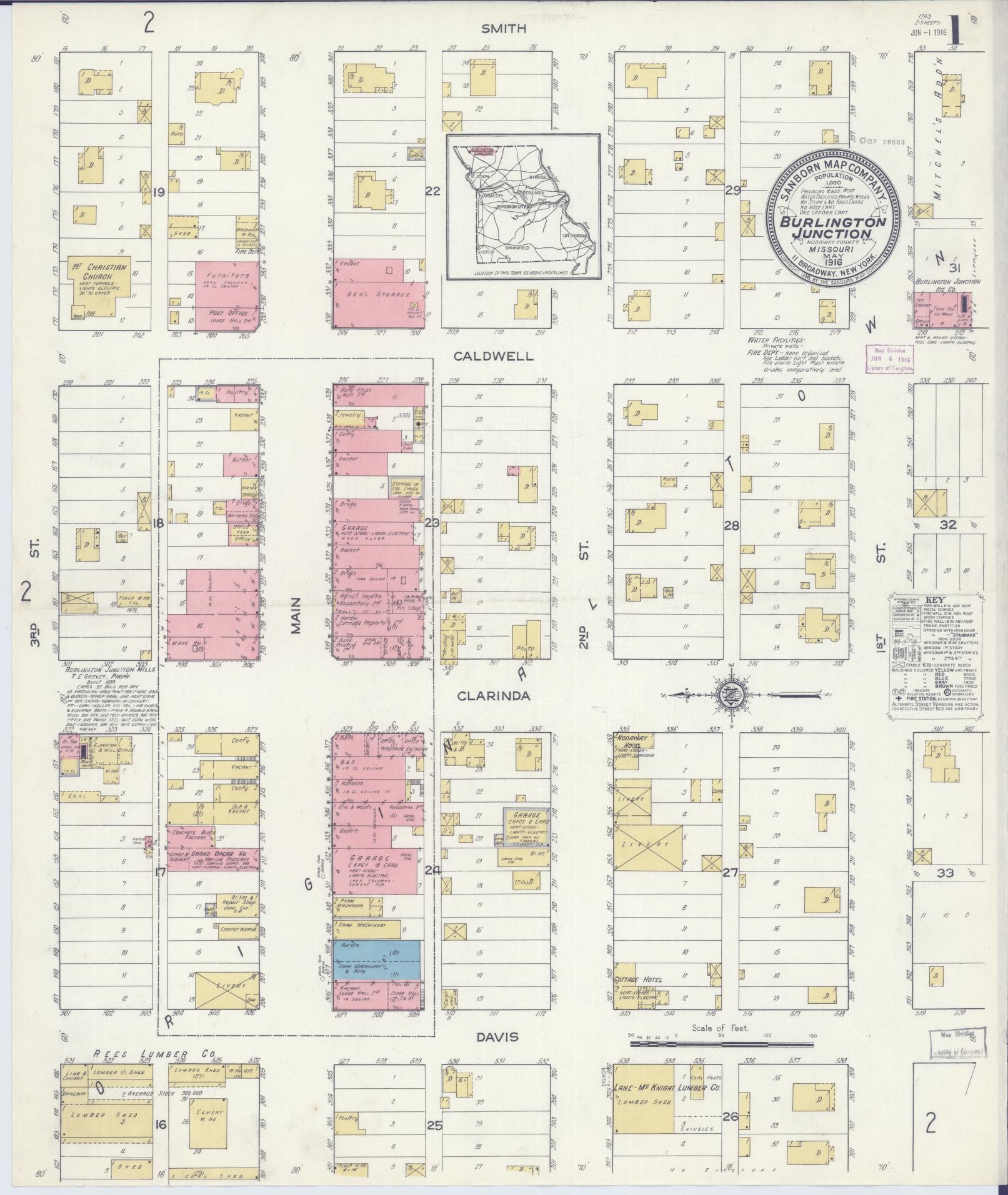 Sanborn Fire Insurance Map from Burlington Junction, Nodaway County, Missouri (1916), Sheet #0001 - Complete Map Set gallery image, historic Sanborn map, vintage wall art, Missouri Missouri