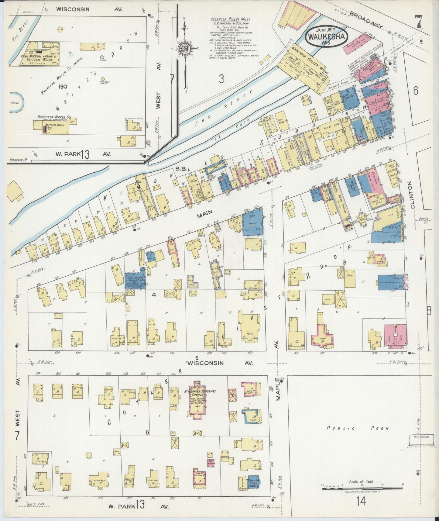 Sanborn Fire Insurance Map from Waukesha, Waukesha County, Wisconsin (1917), Sheet #0007 - Complete Map Set gallery image, historic Sanborn map, vintage wall art, Wisconsin Wisconsin