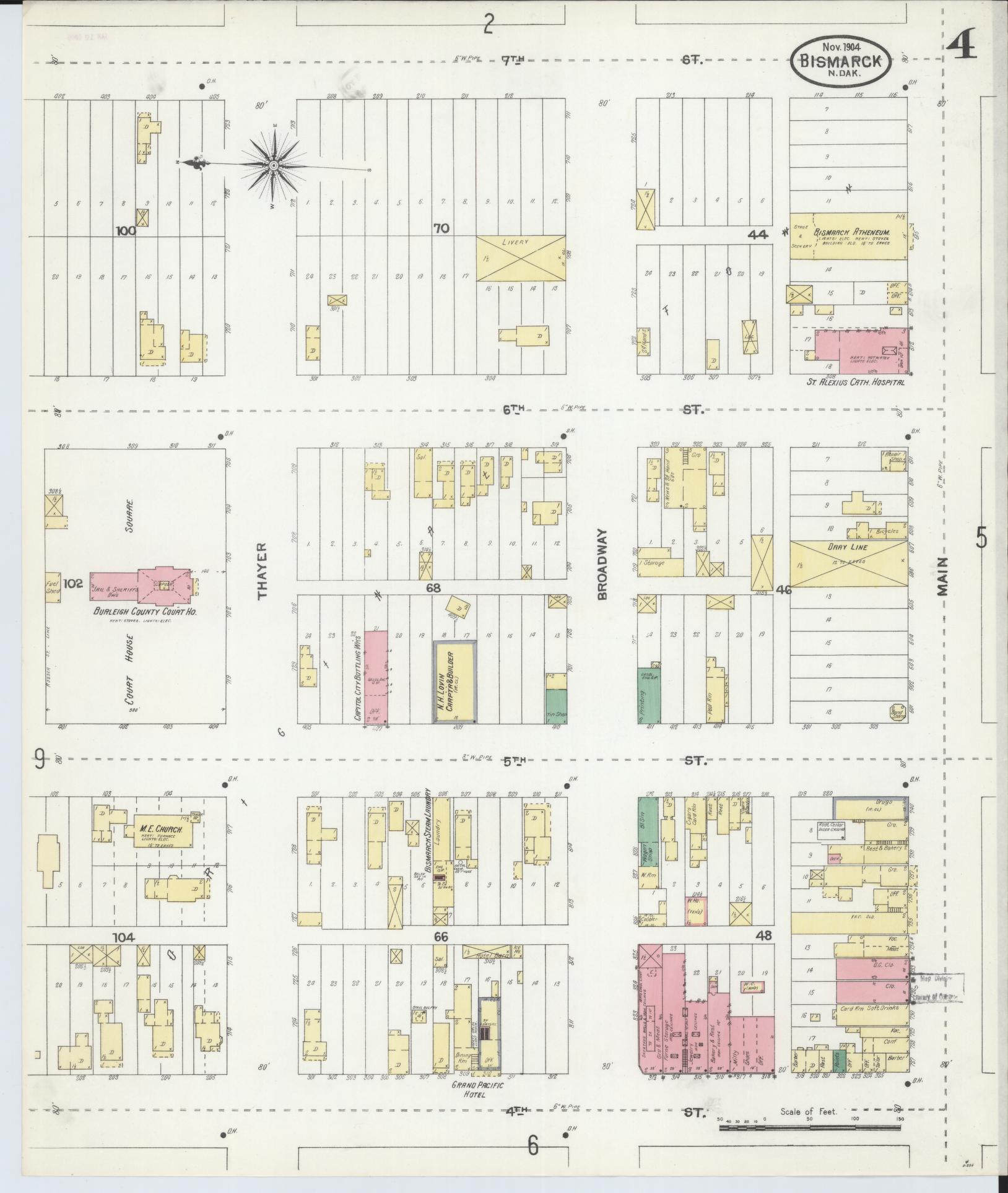 Sanborn Fire Insurance Map from Bismarck, Burleigh County, North Dakota (1904), Sheet #0004 - Complete Map Set gallery image, historic Sanborn map, vintage wall art, North Dakota North Dakota