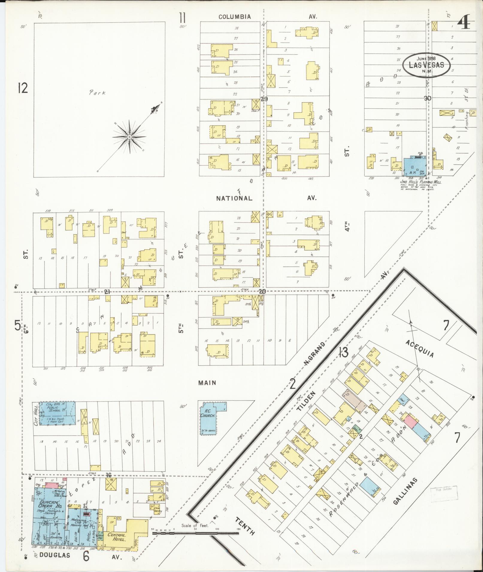 Sanborn Fire Insurance Map from Las Vegas, San Miguel County, New Mexico (1898), Sheet #0004 - Historic Sanborn Fire Insurance Map Print, vintage old map wall art, antique decor, genealogy gift, New Mexico New Mexico map