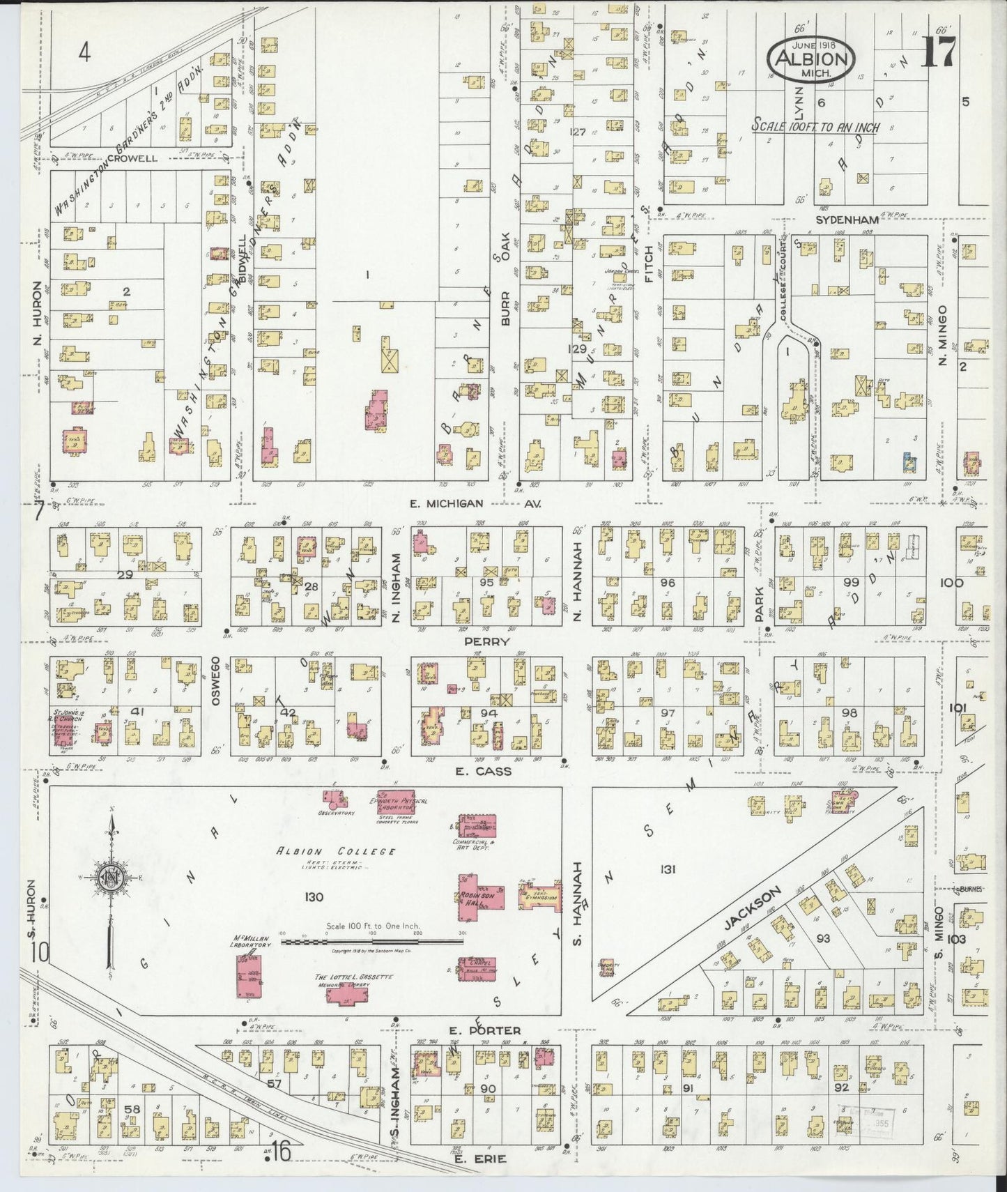 Sanborn Fire Insurance Map from Albion, Calhoun County, Michigan (1918), Sheet #0017 - Complete Map Set gallery image, historic Sanborn map, vintage wall art, Michigan Michigan