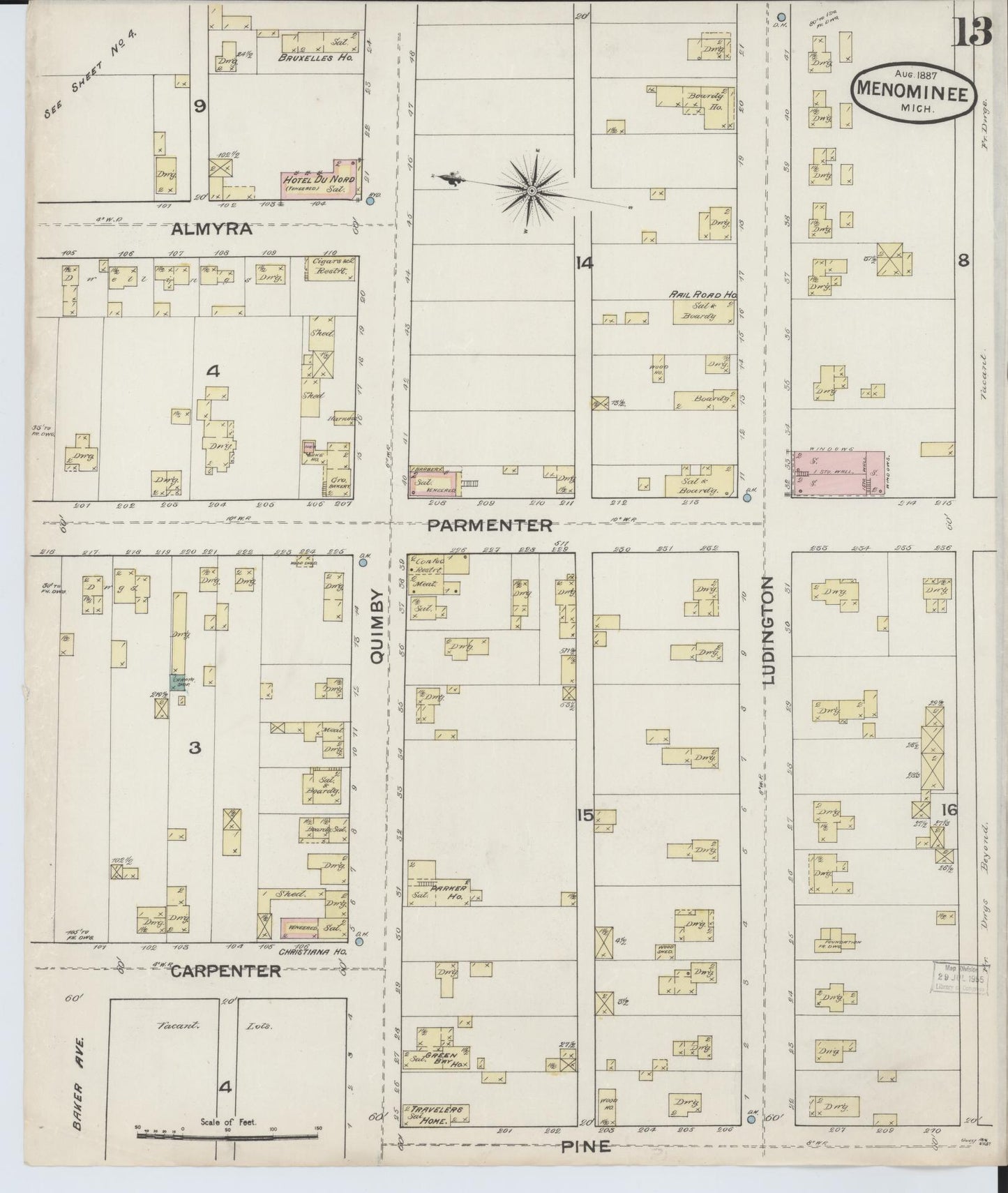 Sanborn Fire Insurance Map from Menominee, Menominee County, Michigan (1887), Sheet #0013 - Historic Sanborn Fire Insurance Map Print, vintage old map wall art, antique decor, genealogy gift, Michigan Michigan map