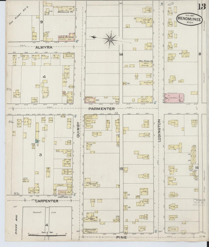 Sanborn Fire Insurance Map from Menominee, Menominee County, Michigan (1887), Sheet #0013 - Historic Sanborn Fire Insurance Map Print, vintage old map wall art, antique decor, genealogy gift, Michigan Michigan map
