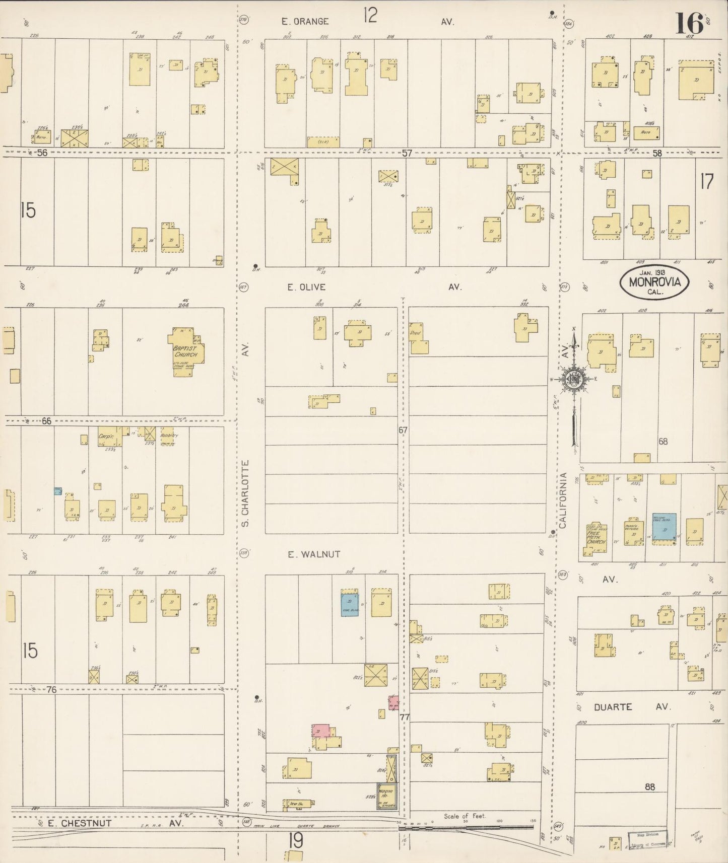 Sanborn Fire Insurance Map from Monrovia, Los Angeles County, California (1913), Sheet #0016 - Complete Map Set gallery image, historic Sanborn map, vintage wall art, California California