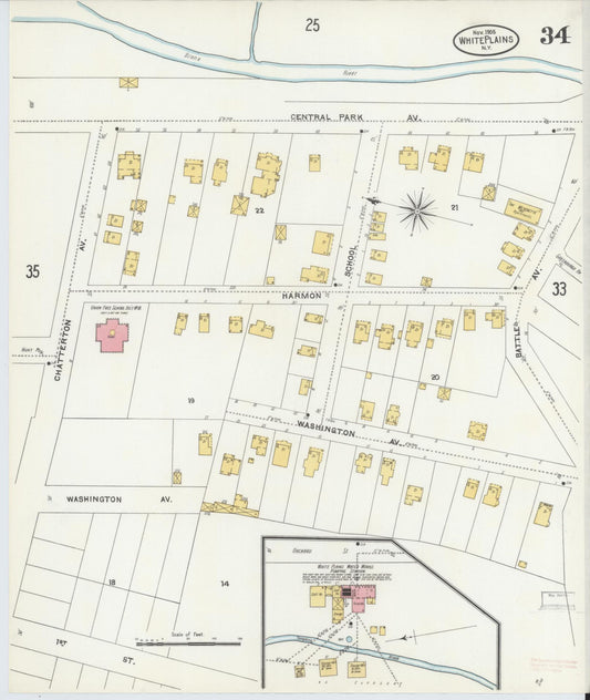 Sanborn Fire Insurance Map from White Plains, Westchester County, New York (1905), Sheet #0034 - Historic Sanborn Fire Insurance Map Print, vintage old map wall art, antique decor, genealogy gift, New York New York map