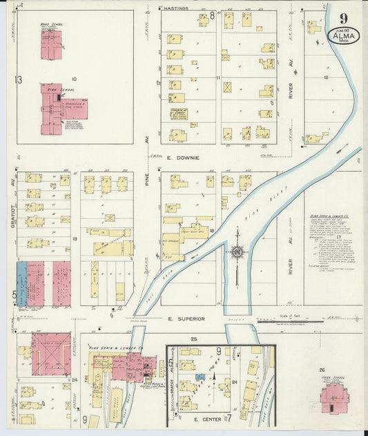 Sanborn Fire Insurance Map from Alma, Gratiot County, Michigan (1917), Sheet #0009 - Historic Sanborn Fire Insurance Map Print, vintage old map wall art, antique decor, genealogy gift, Michigan Michigan map