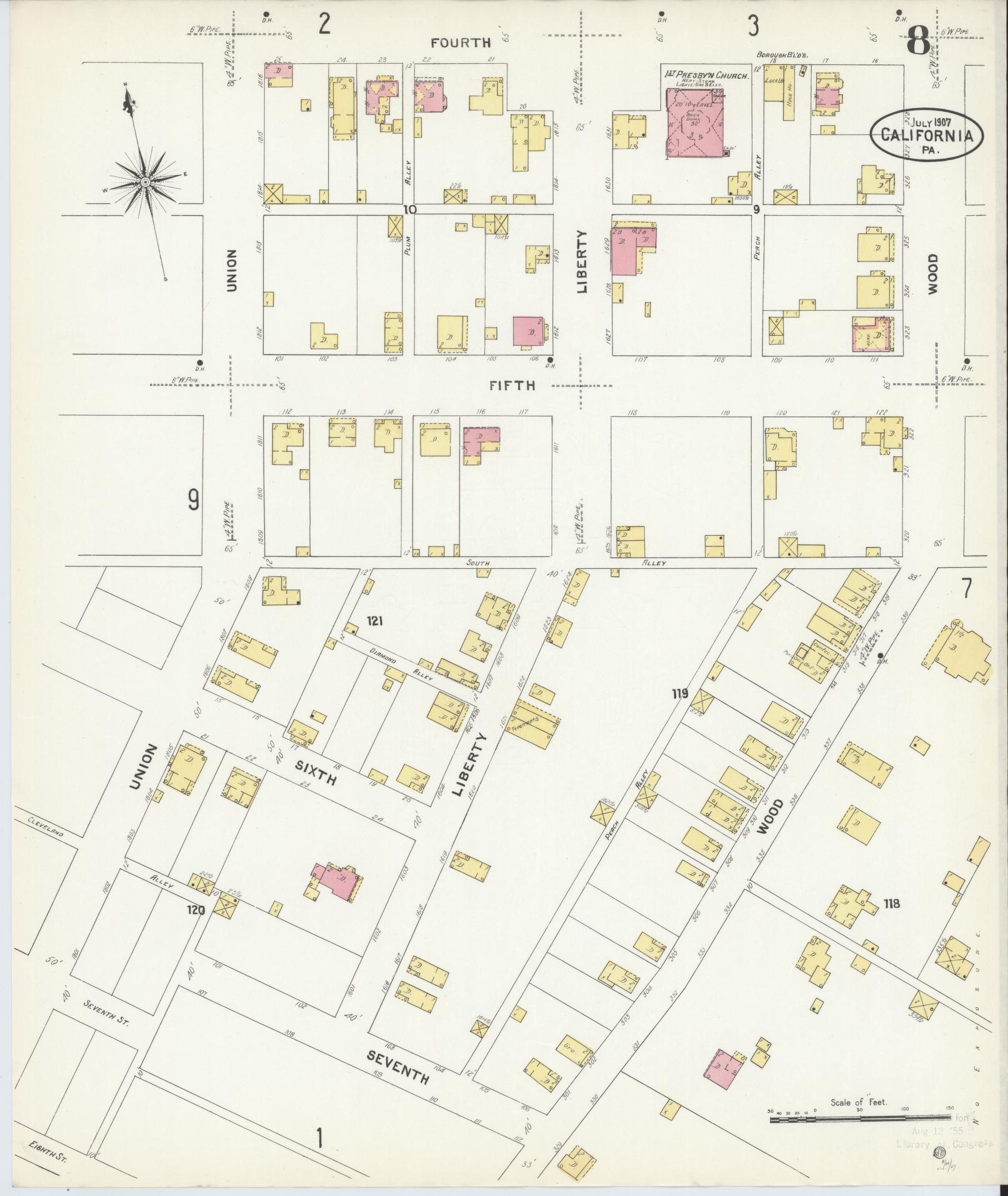 Sanborn Fire Insurance Map from California, Washington County, Pennsylvania (1907), Sheet #0008 - Historic Sanborn Fire Insurance Map Print, vintage old map wall art, antique decor, genealogy gift, Pennsylvania Pennsylvania map