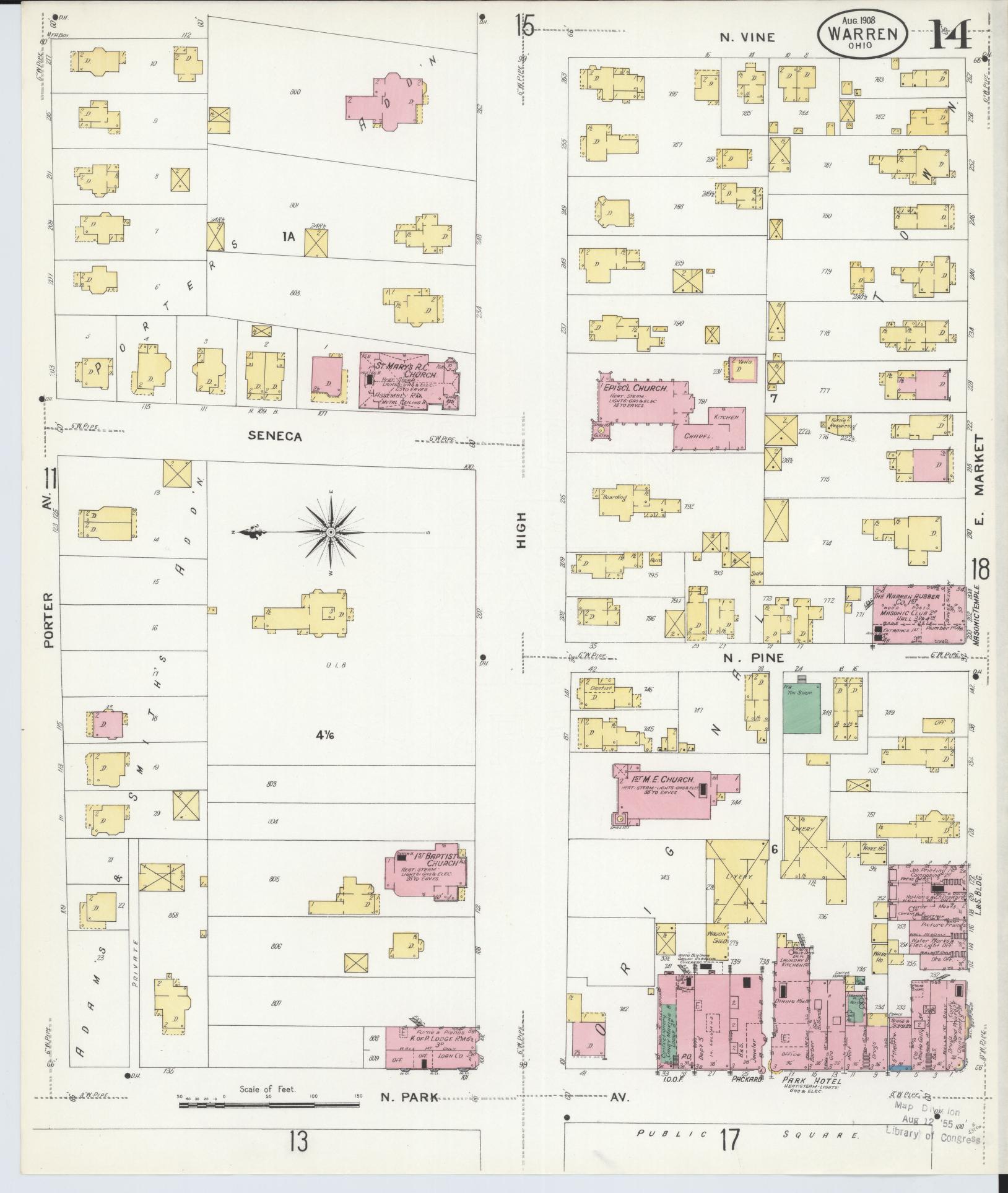 Sanborn Fire Insurance Map from Warren, Trumbull County, Ohio (1908), Sheet #0014 - Historic Sanborn Fire Insurance Map Print, vintage old map wall art, antique decor, genealogy gift, Ohio Ohio map
