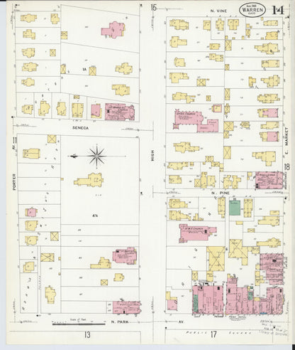 Sanborn Fire Insurance Map from Warren, Trumbull County, Ohio (1908), Sheet #0014 - Historic Sanborn Fire Insurance Map Print, vintage old map wall art, antique decor, genealogy gift, Ohio Ohio map