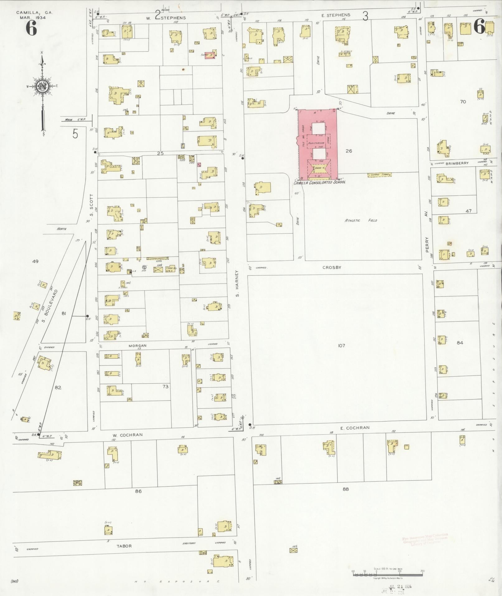 Sanborn Fire Insurance Map from Camilla, Mitchell County, Georgia (1934), Sheet #0006 - Historic Sanborn Fire Insurance Map Print, vintage old map wall art, antique decor, genealogy gift, Georgia Georgia map