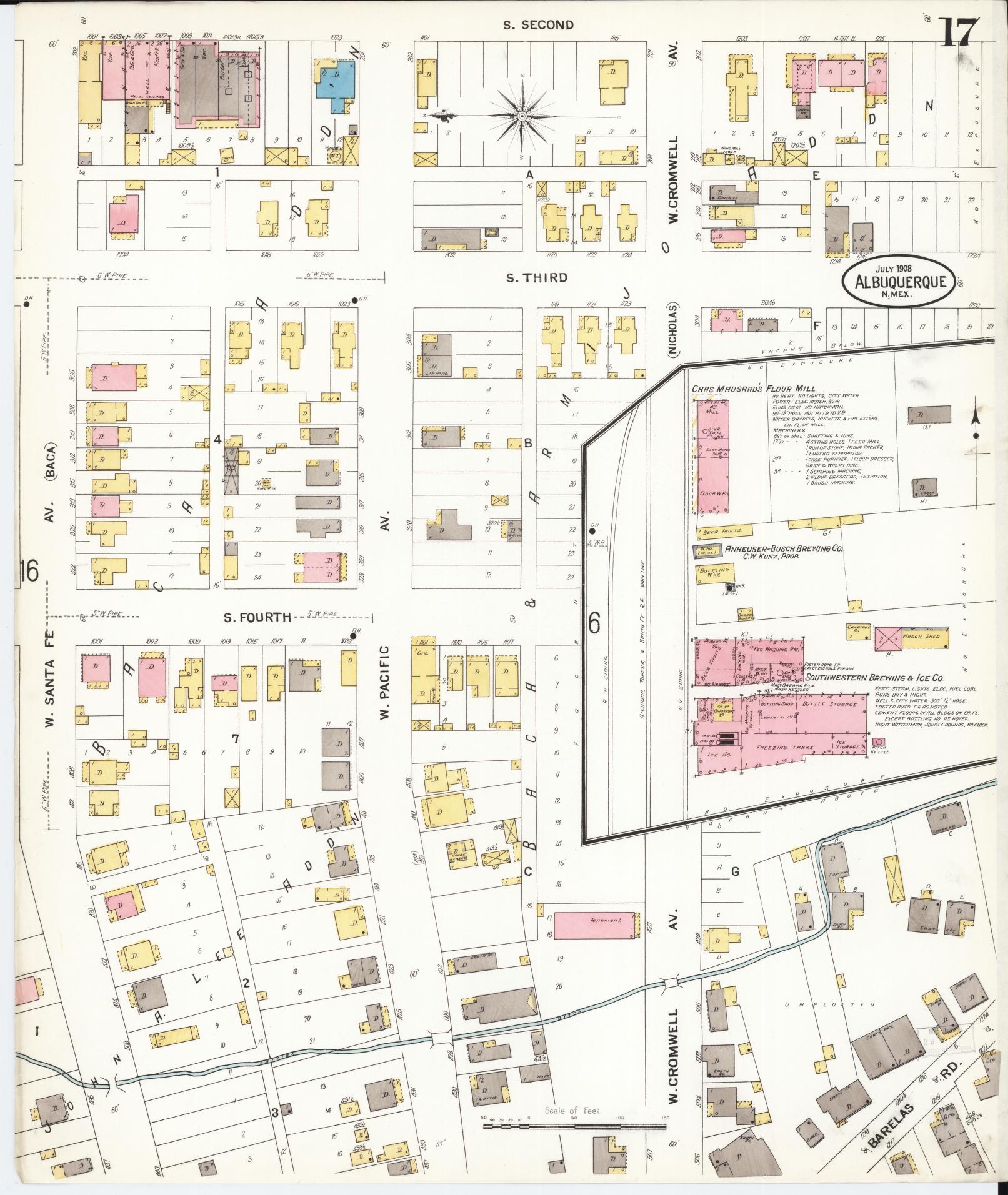Sanborn Fire Insurance Map from Albuquerque, Bernalillo County, New Mexico (1908), Sheet #0017 - Historic Sanborn Fire Insurance Map Print, vintage old map wall art, antique decor, genealogy gift, New Mexico New Mexico map