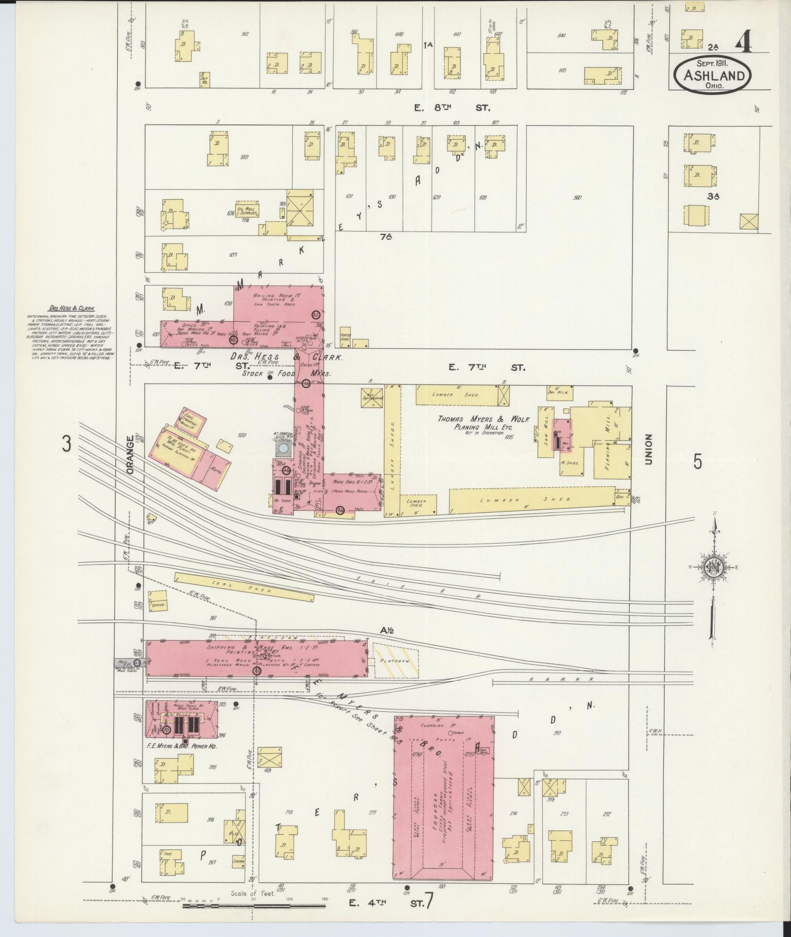 Sanborn Fire Insurance Map from Ashland, Ashland County, Ohio (1911), Sheet #0004 - Historic Sanborn Fire Insurance Map Print, vintage old map wall art, antique decor, genealogy gift, Ohio Ohio map
