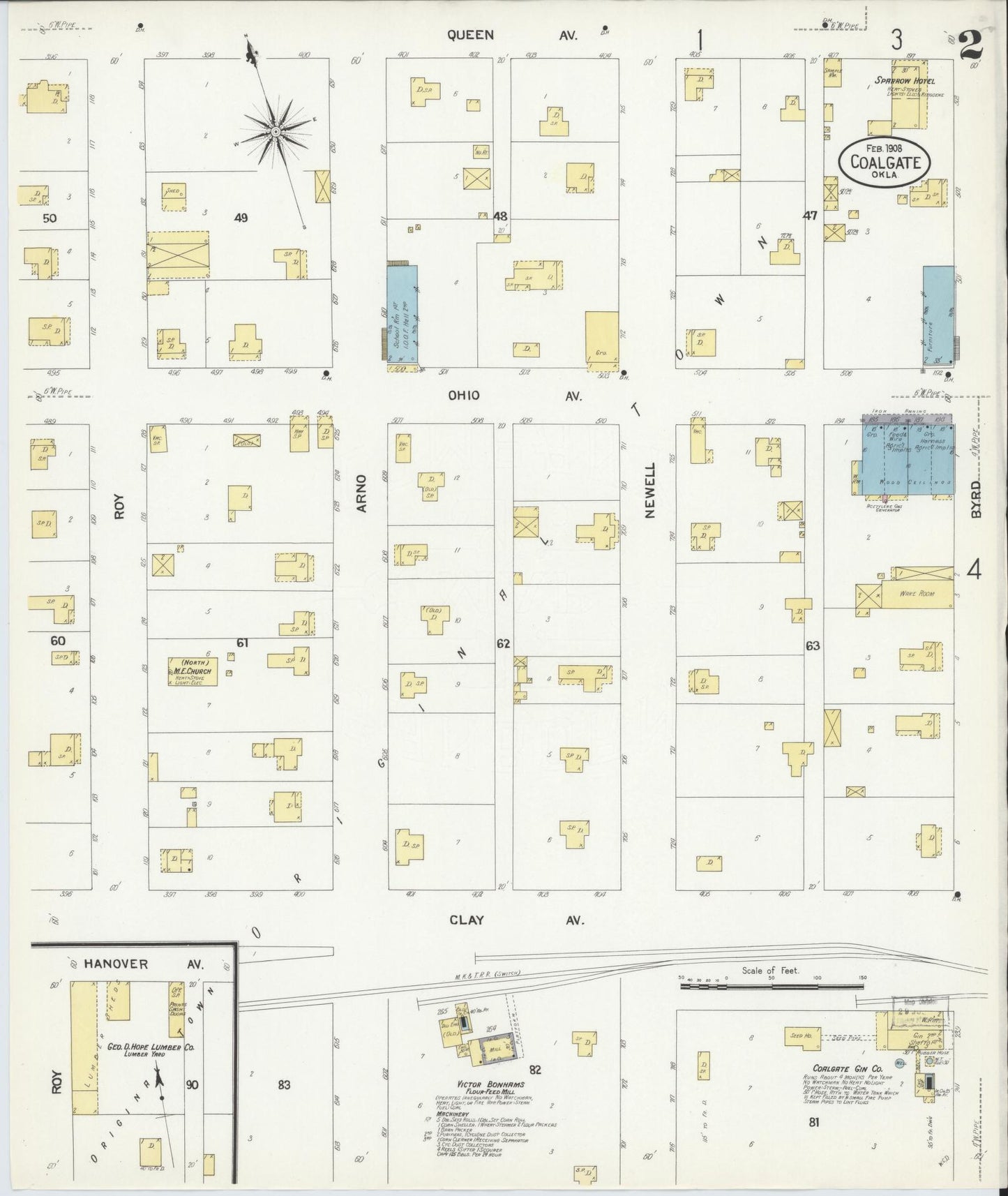 Sanborn Fire Insurance Map from Coalgate, Coal County, Oklahoma (1908), Sheet #0002 - Complete Map Set gallery image, historic Sanborn map, vintage wall art, Oklahoma Oklahoma