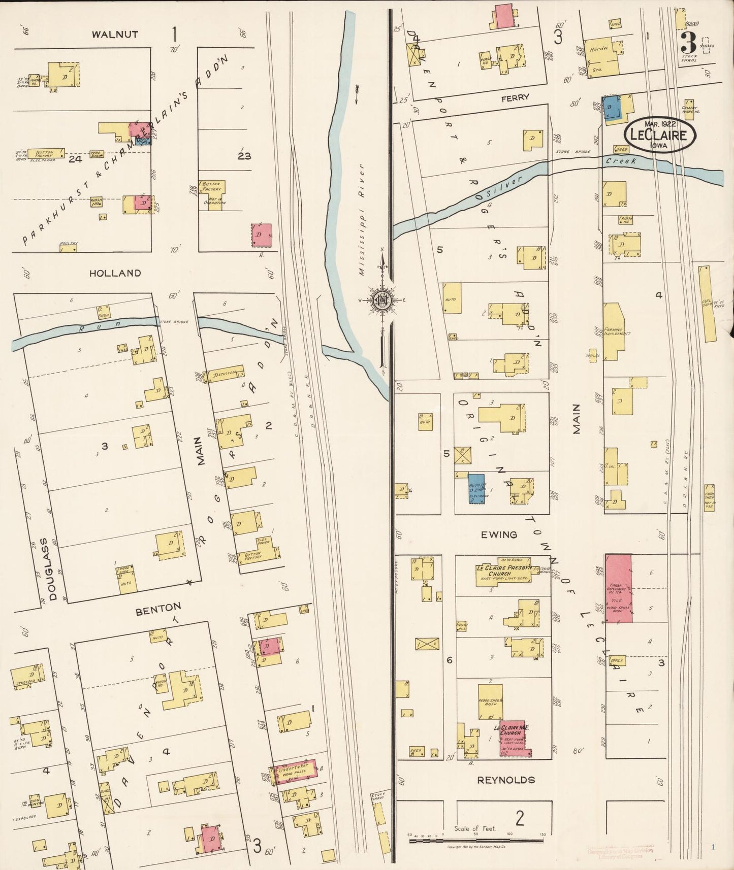 Sanborn Fire Insurance Map from Le Claire, Scott County, Iowa (1922), Sheet #0003 - Historic Sanborn Fire Insurance Map Print, vintage old map wall art