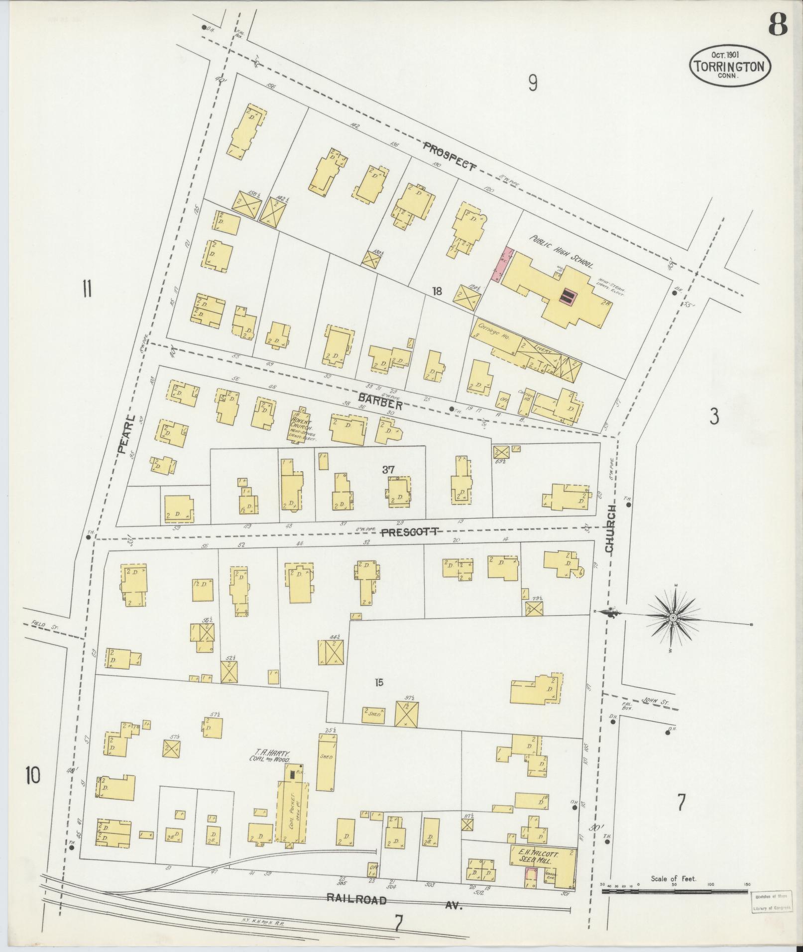 Sanborn Fire Insurance Map from Torrington, Litchfield County, Connecticut (1901), Sheet #0008 - Historic Sanborn Fire Insurance Map Print, vintage old map wall art, antique decor, genealogy gift, Connecticut Connecticut map