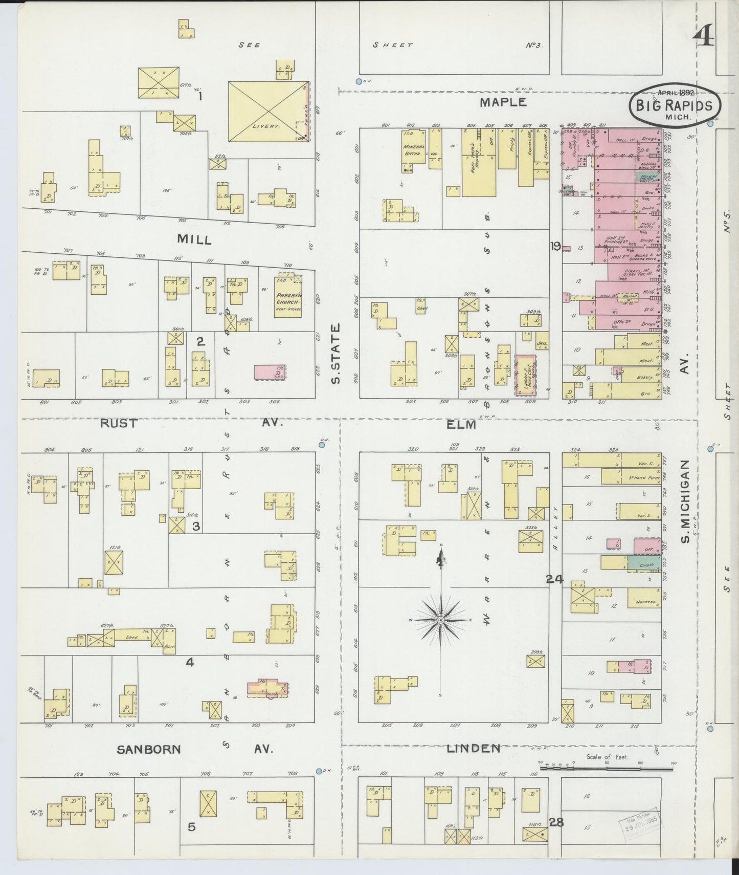 Sanborn Fire Insurance Map from Big Rapids, Mecosta County, Michigan (1892), Sheet #0004 - Historic Sanborn Fire Insurance Map Print, vintage old map wall art, antique decor, genealogy gift, Michigan Michigan map