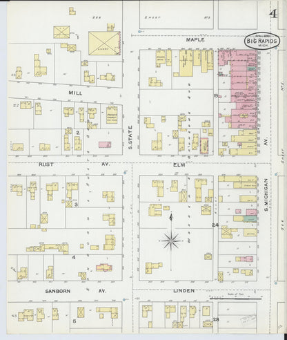 Sanborn Fire Insurance Map from Big Rapids, Mecosta County, Michigan (1892), Sheet #0004 - Historic Sanborn Fire Insurance Map Print, vintage old map wall art, antique decor, genealogy gift, Michigan Michigan map