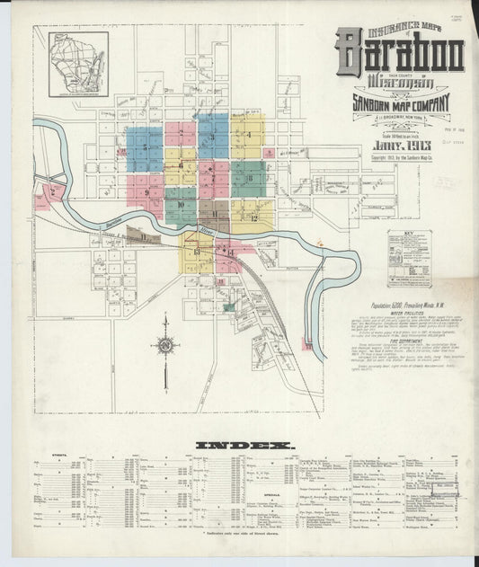 Sanborn Fire Insurance Map from Baraboo, Sauk County, Wisconsin (1913), Sheet #0001 - Historic Sanborn Fire Insurance Map Print, vintage old map wall art, antique decor, genealogy gift, Wisconsin Wisconsin map