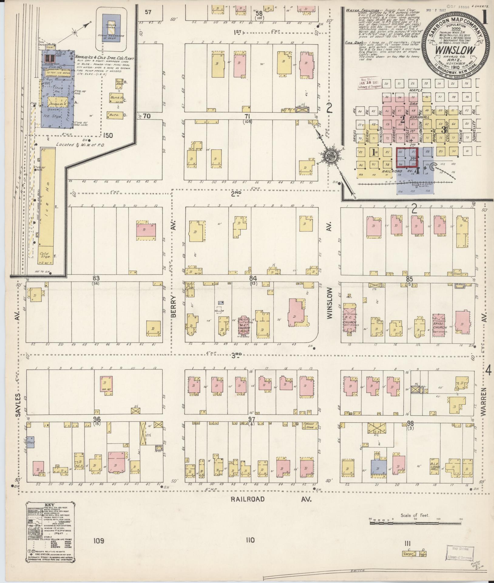 Sanborn Fire Insurance Map from Winslow, Navajo County, Arizona (1910), Sheet #0001 - Historic Sanborn Fire Insurance Map Print, vintage old map wall art, antique decor, genealogy gift, Arizona Arizona map