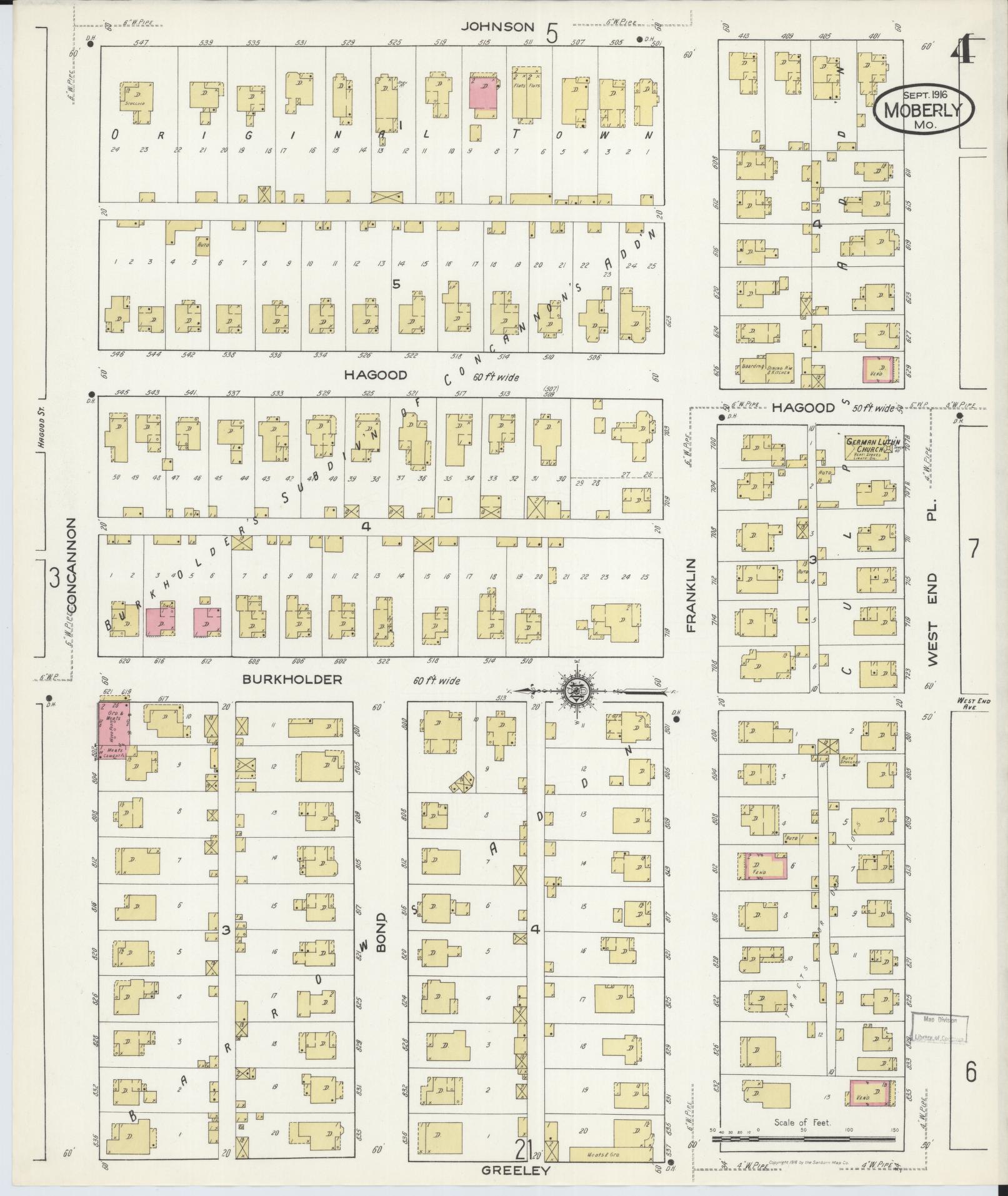 Sanborn Fire Insurance Map from Moberly, Randolph County, Missouri (1916), Sheet #0004 - Complete Map Set gallery image, historic Sanborn map, vintage wall art, Missouri Missouri