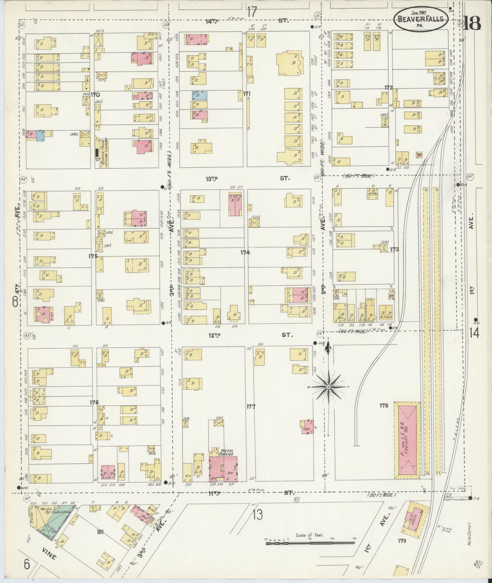 Sanborn Fire Insurance Map from Beaver Falls, Beaver County, Pennsylvania (1907), Sheet #0018 - Historic Sanborn Fire Insurance Map Print, vintage old map wall art, antique decor, genealogy gift, Pennsylvania Pennsylvania map