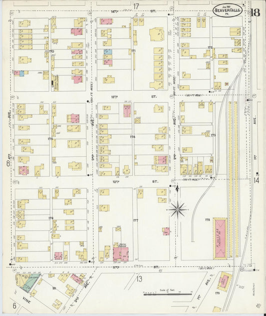 Sanborn Fire Insurance Map from Beaver Falls, Beaver County, Pennsylvania (1907), Sheet #0018 - Historic Sanborn Fire Insurance Map Print, vintage old map wall art, antique decor, genealogy gift, Pennsylvania Pennsylvania map