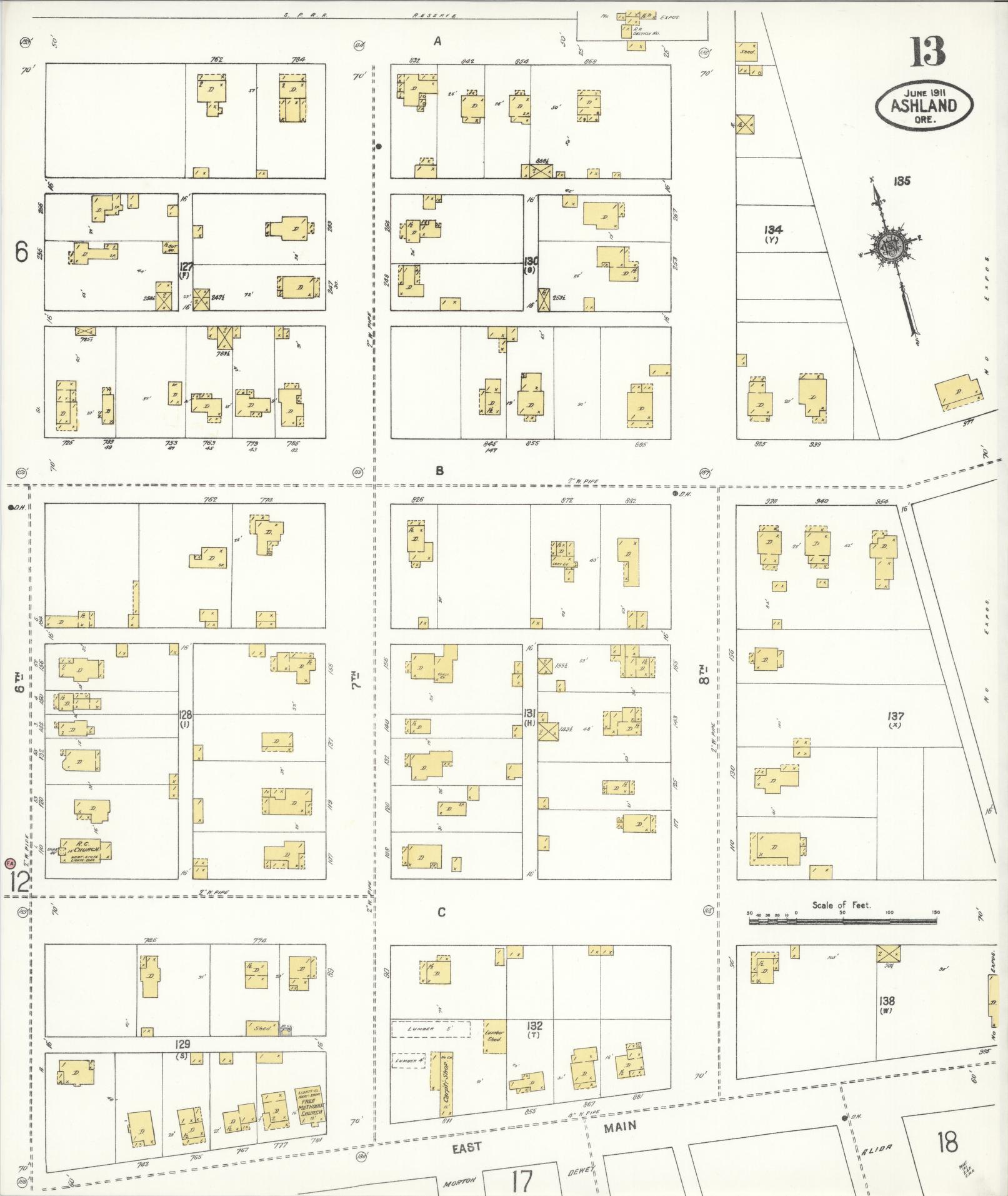 Sanborn Fire Insurance Map from Ashland, Jackson County, Oregon (1911), Sheet #0013 - Complete Map Set gallery image, historic Sanborn map, vintage wall art, Oregon Oregon