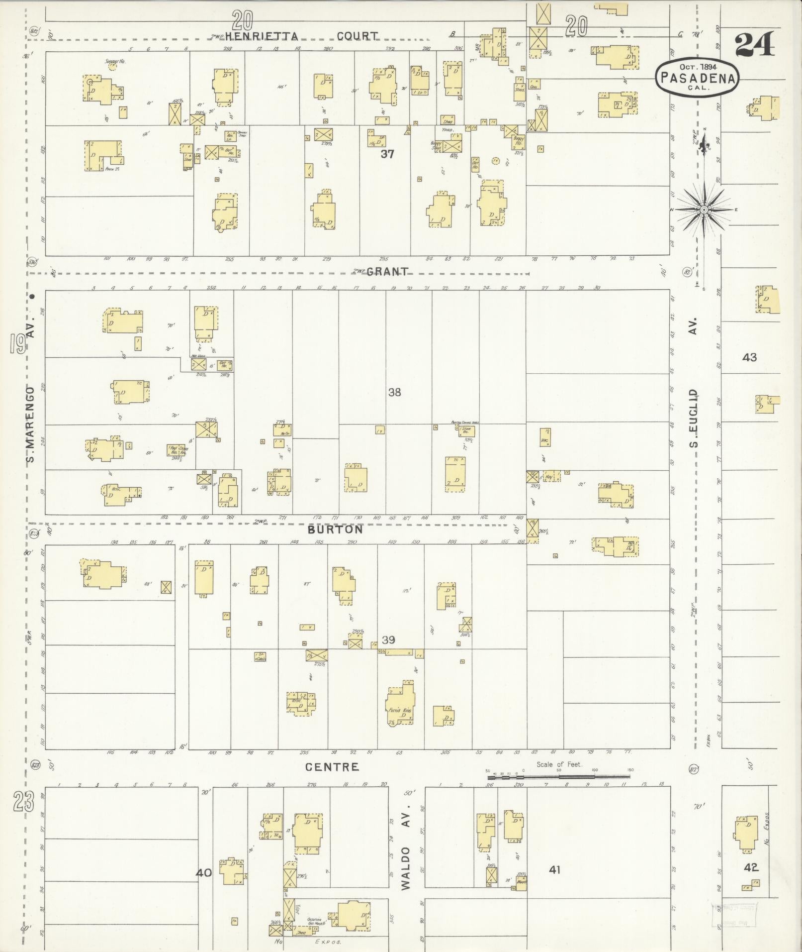 Sanborn Fire Insurance Map from Pasadena, Los Angeles County, California (1894), Sheet #0024 - Complete Map Set gallery image, historic Sanborn map, vintage wall art, California California