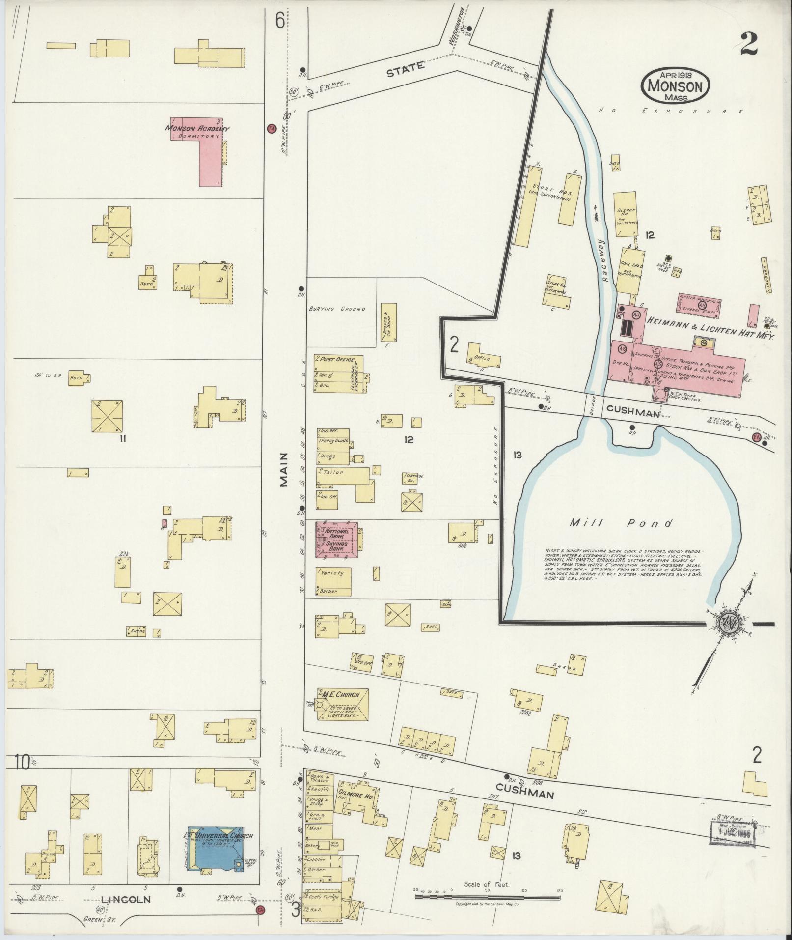 Sanborn Fire Insurance Map from Monson, Hampden County, Massachusetts (1918), Sheet #0002 - Historic Sanborn Fire Insurance Map Print, vintage old map wall art, antique decor, genealogy gift, Massachusetts Massachusetts map