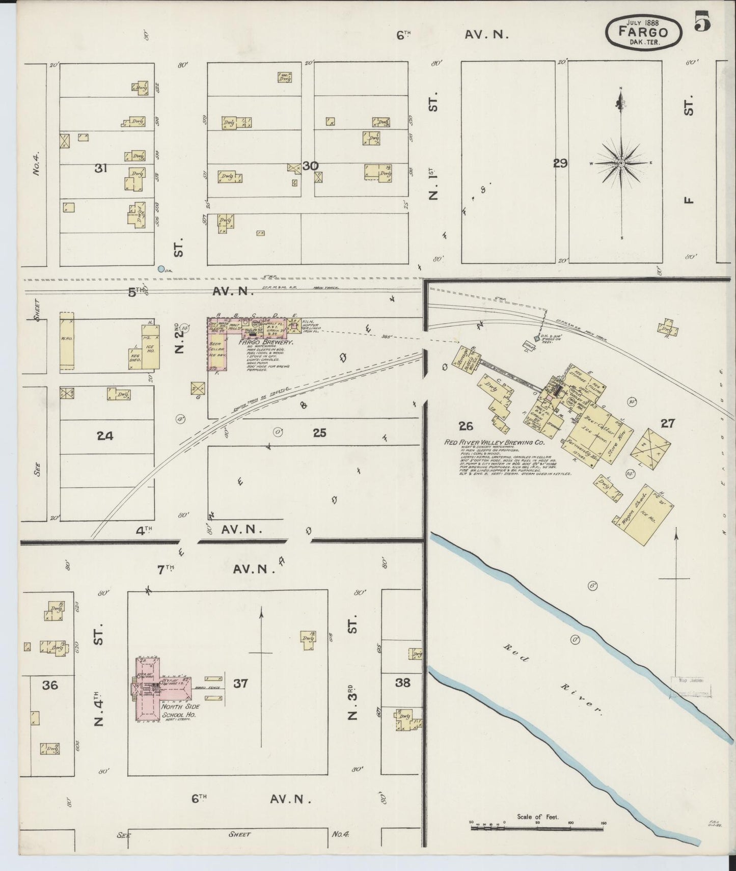Sanborn Fire Insurance Map from Fargo, Cass County, North Dakota (1888), Sheet #0005 - Historic Sanborn Fire Insurance Map Print, vintage old map wall art, antique decor, genealogy gift, North Dakota North Dakota map