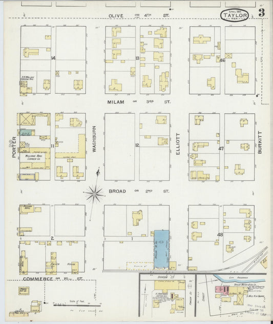 Sanborn Fire Insurance Map from Taylor, Williamson County, Texas (1893), Sheet #0003 - Historic Sanborn Fire Insurance Map Print, vintage old map wall art, antique decor, genealogy gift, Texas Texas map