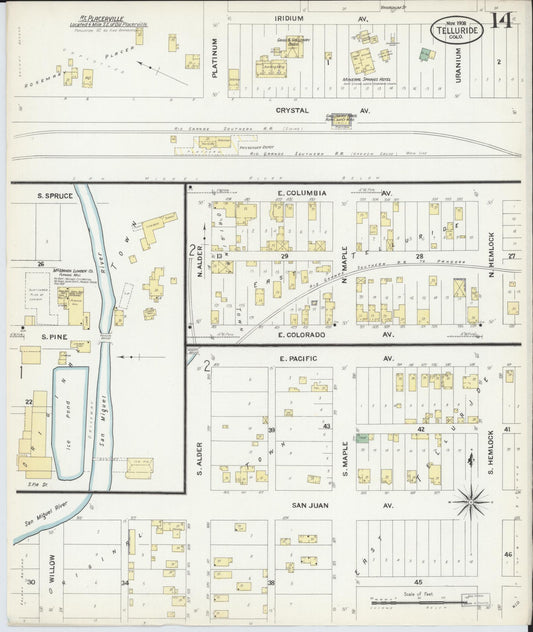 Sanborn Fire Insurance Map from Telluride, San Miguel County, Colorado (1908), Sheet #0014 - Historic Sanborn Fire Insurance Map Print, vintage old map wall art, antique decor, genealogy gift, Colorado Colorado map