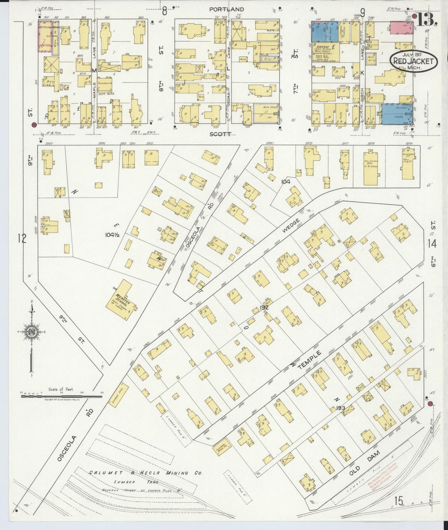 Sanborn Fire Insurance Map from Red Jacket, Houghton County, Michigan (1917), Sheet #0013 - Complete Map Set gallery image, historic Sanborn map, vintage wall art, Michigan Michigan