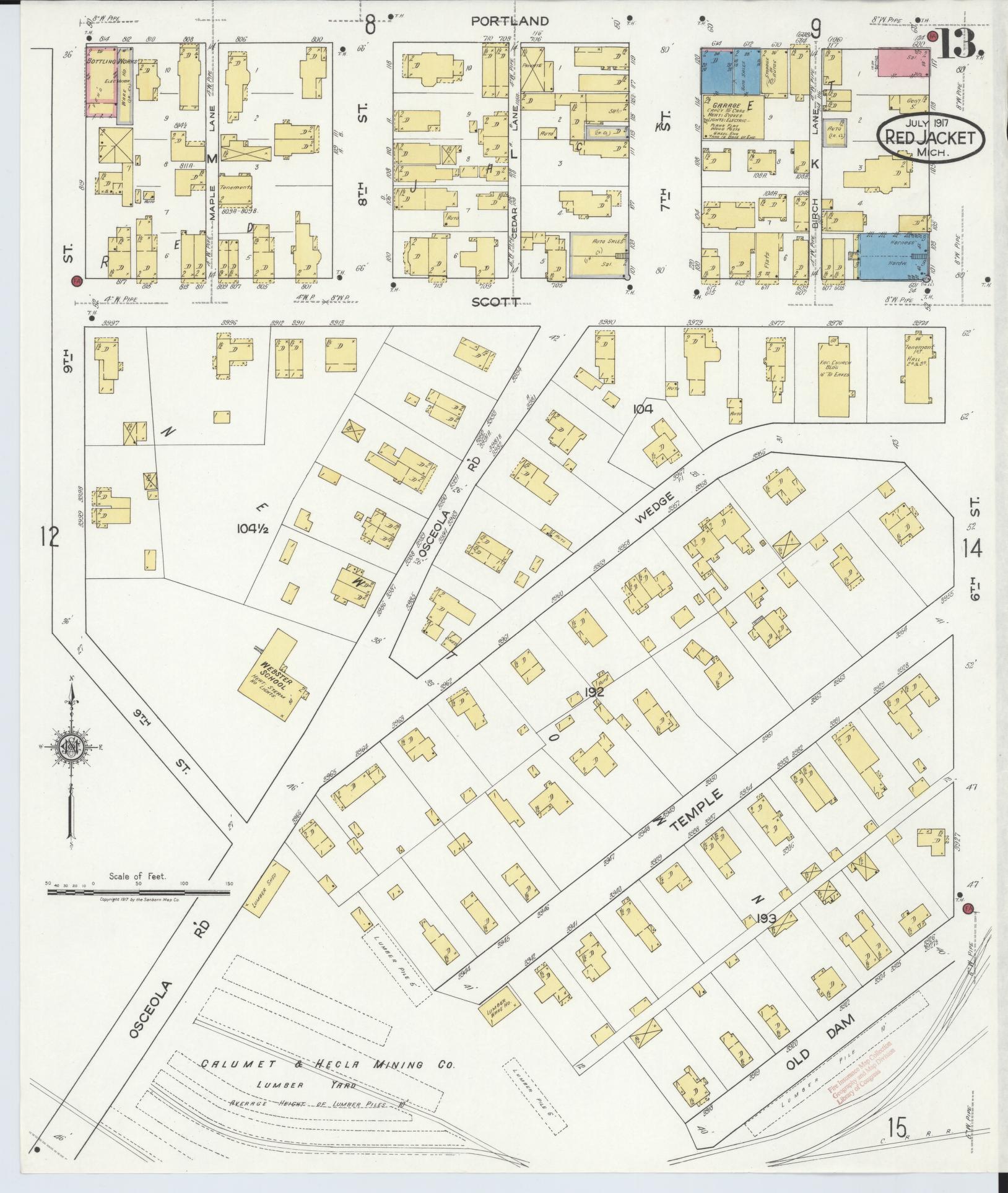 Sanborn Fire Insurance Map from Red Jacket, Houghton County, Michigan (1917), Sheet #0013 - Complete Map Set gallery image, historic Sanborn map, vintage wall art, Michigan Michigan