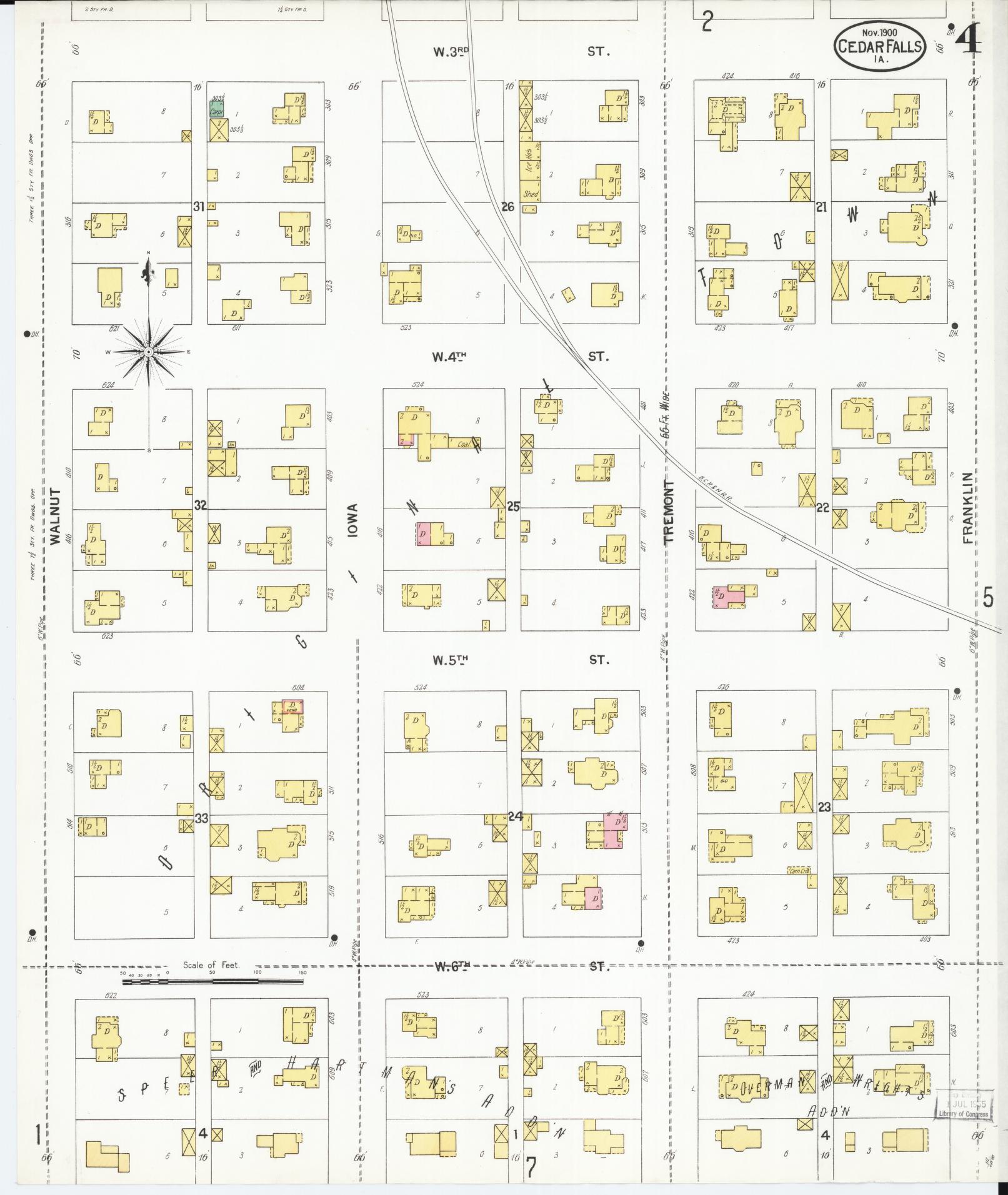 Sanborn Fire Insurance Map from Cedar Falls, Black Hawk County, Iowa (1900), Sheet #0004 - Historic Sanborn Fire Insurance Map Print, vintage old map wall art