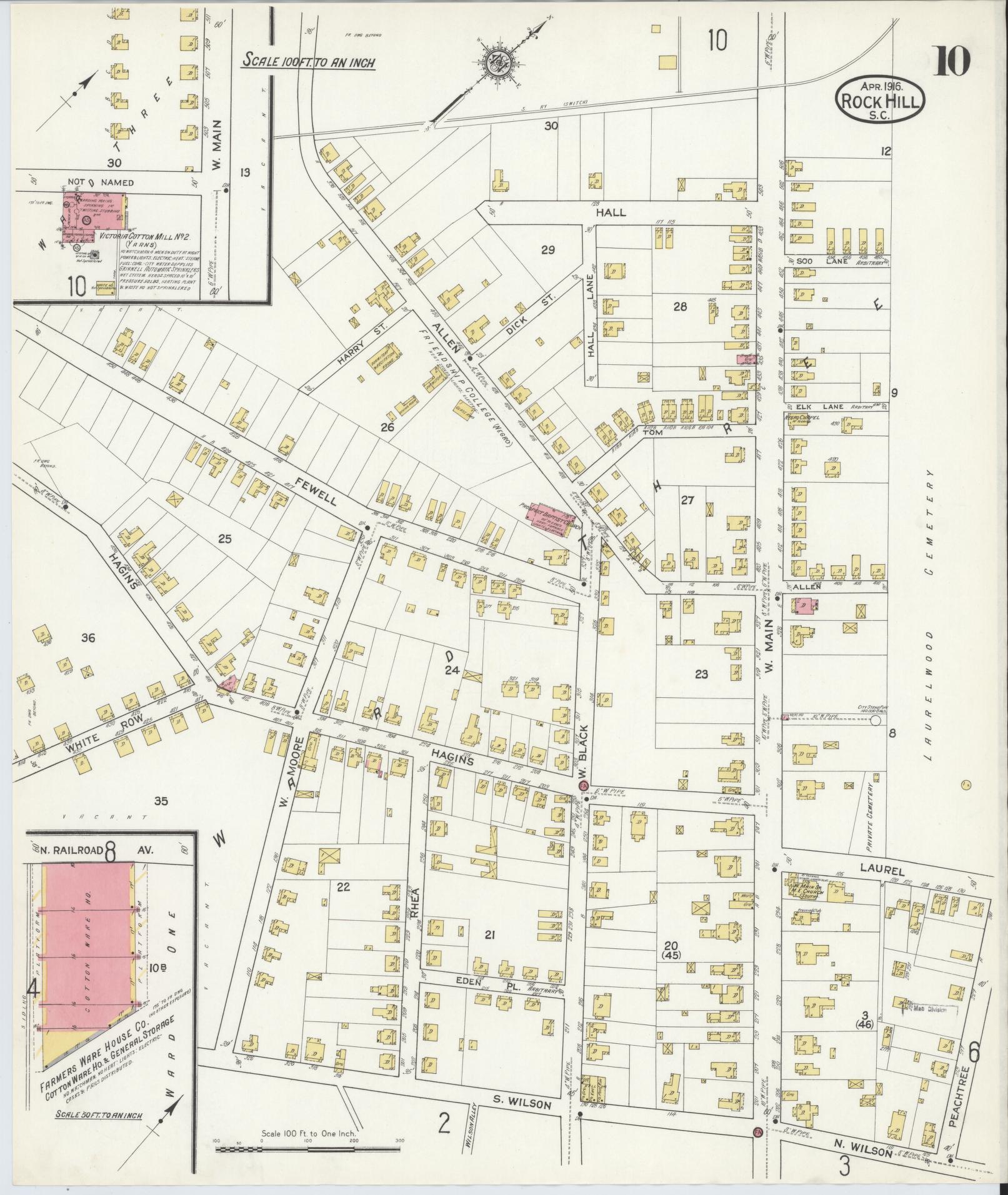 Sanborn Fire Insurance Map from Rock Hill, York County, South Carolina (1916), Sheet #0010 - Complete Map Set gallery image, historic Sanborn map, vintage wall art, South Carolina South Carolina