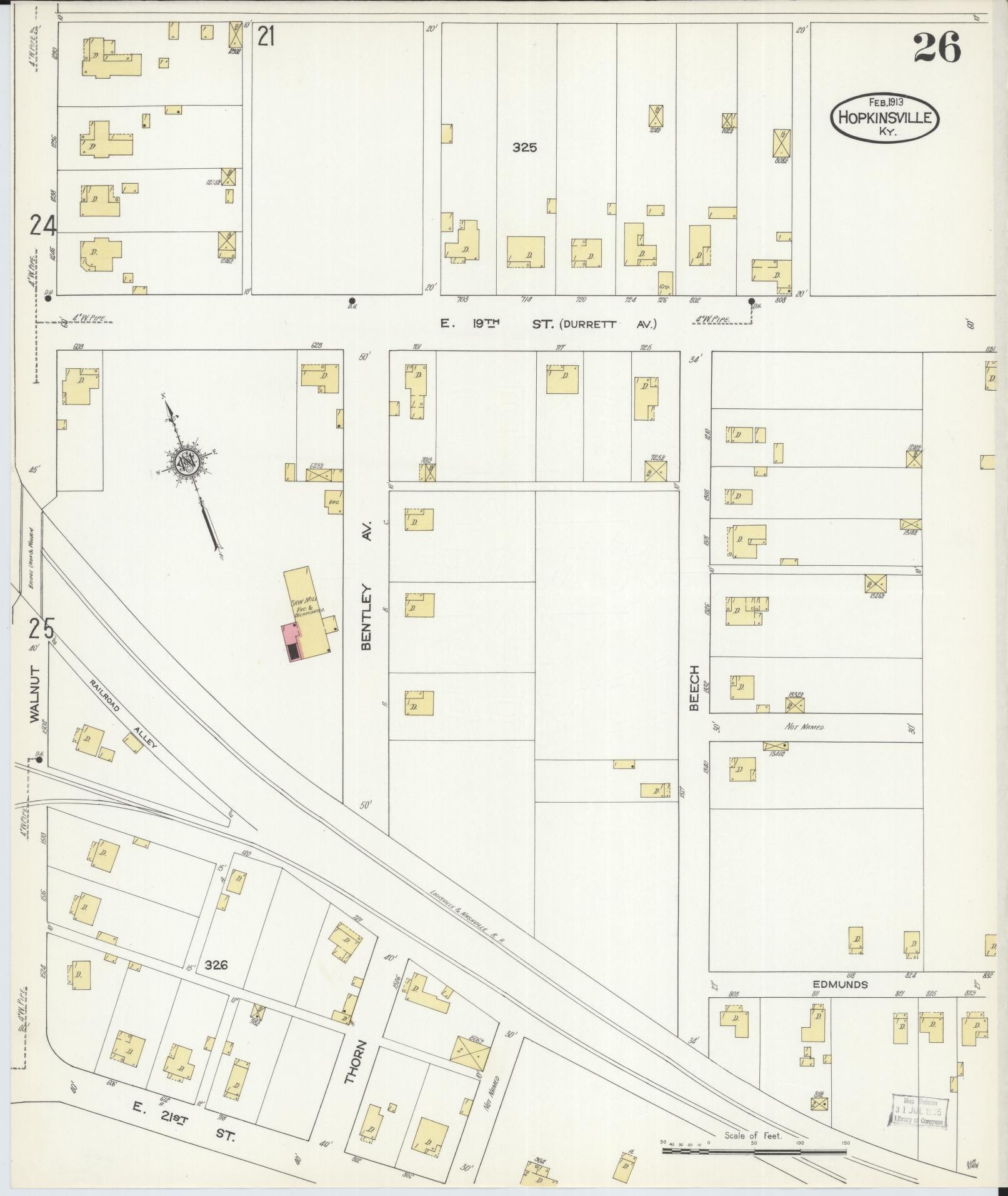 Sanborn Fire Insurance Map from Hopkinsville, Christian County, Kentucky (1913), Sheet #0026 - Historic Sanborn Fire Insurance Map Print, vintage old map wall art, antique decor, genealogy gift, Kentucky Kentucky map