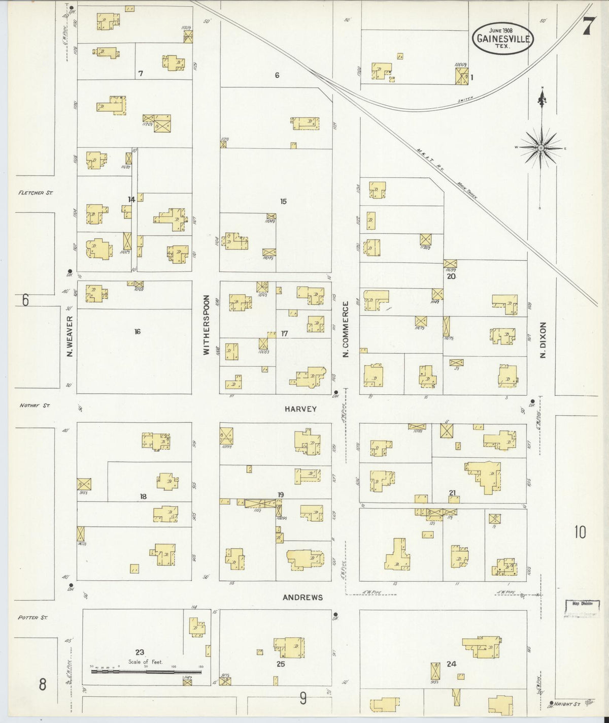 Sanborn Fire Insurance Map from Gainesville, Cooke County, Texas (1908), Sheet #0007 - Historic Sanborn Fire Insurance Map Print, vintage old map wall art, antique decor, genealogy gift, Texas Texas map