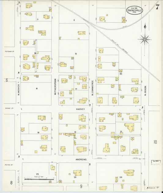 Sanborn Fire Insurance Map from Gainesville, Cooke County, Texas (1908), Sheet #0007 - Historic Sanborn Fire Insurance Map Print, vintage old map wall art, antique decor, genealogy gift, Texas Texas map