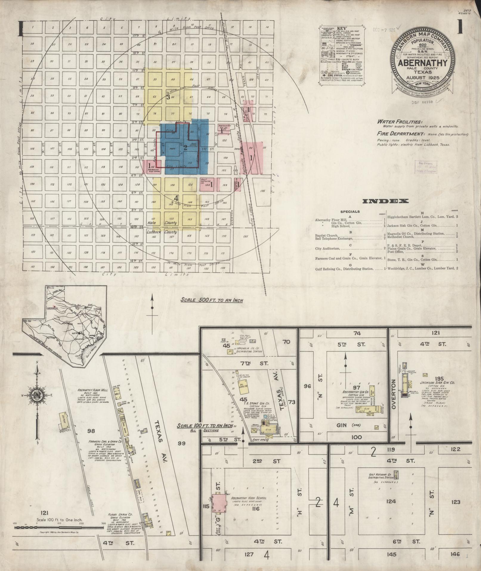 Sanborn Fire Insurance Map from Abernathy, Hale County, Texas (1925), Sheet #0001 - Historic Sanborn Fire Insurance Map Print, vintage old map wall art, antique decor, genealogy gift, Texas Texas map
