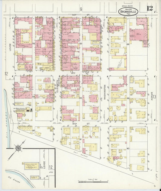 Sanborn Fire Insurance Map from Brownsville, Cameron County, Texas (1914), Sheet #0012 - Historic Sanborn Fire Insurance Map Print, vintage old map wall art, antique decor, genealogy gift, Texas Texas map