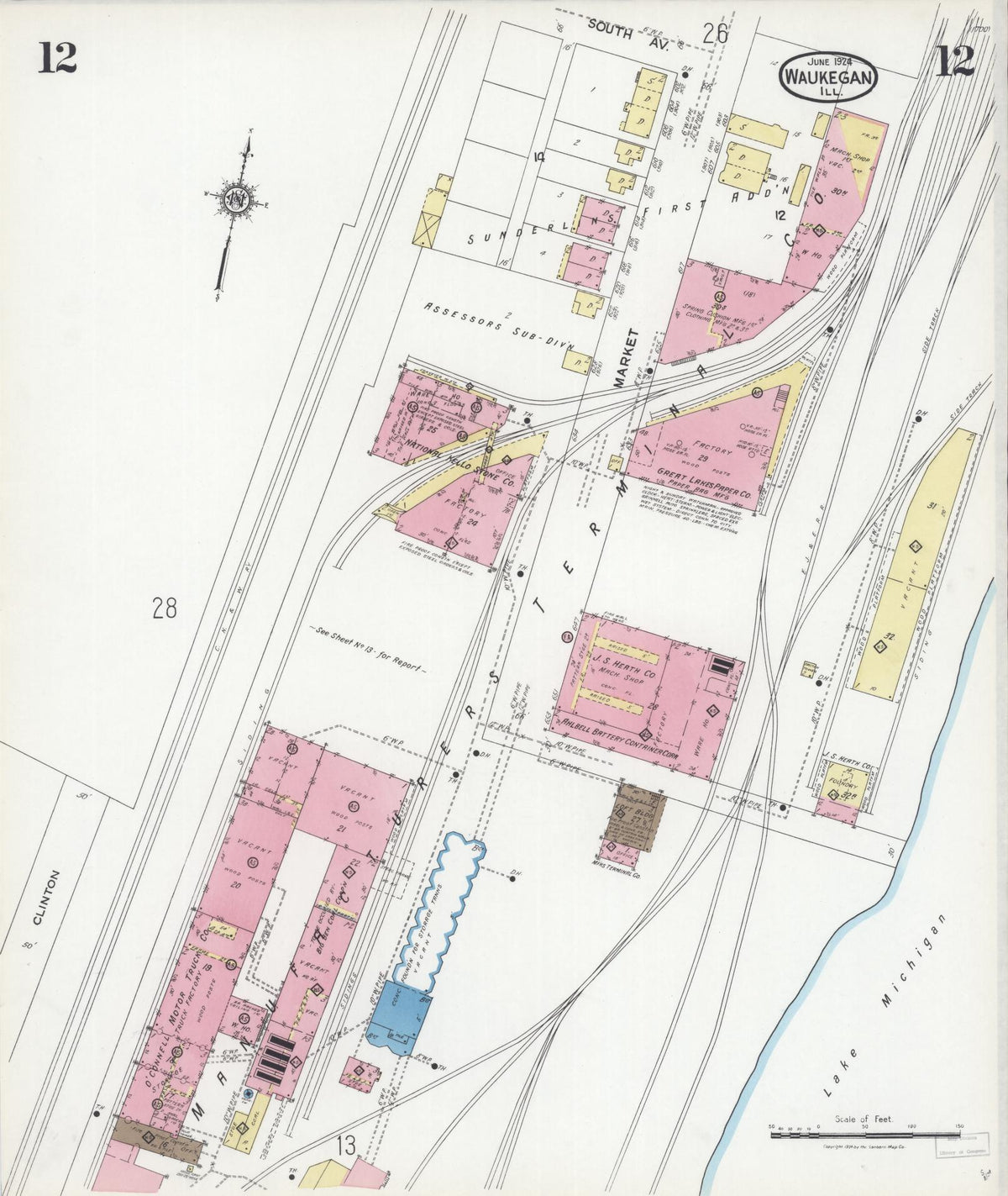 Sanborn Fire Insurance Map from Waukegan, Lake County, Illinois (1924), Sheet #0012 - Historic Sanborn Fire Insurance Map Print, vintage old map wall art, antique decor, genealogy gift, Illinois Illinois map