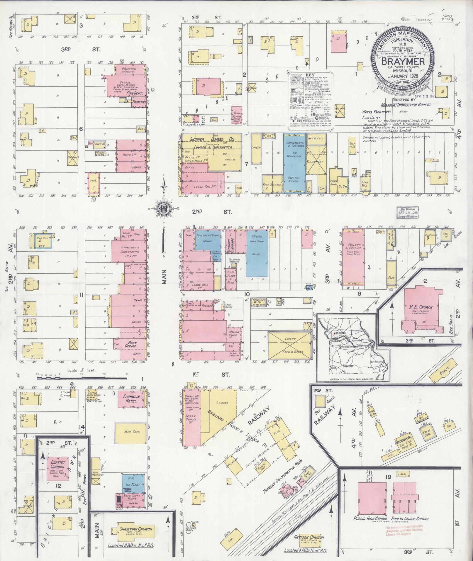 Sanborn Fire Insurance Map from Braymer, Caldwell County, Missouri (1928), Sheet #0001 - Historic Sanborn Fire Insurance Map Print, vintage old map wall art, antique decor, genealogy gift, Missouri Missouri map