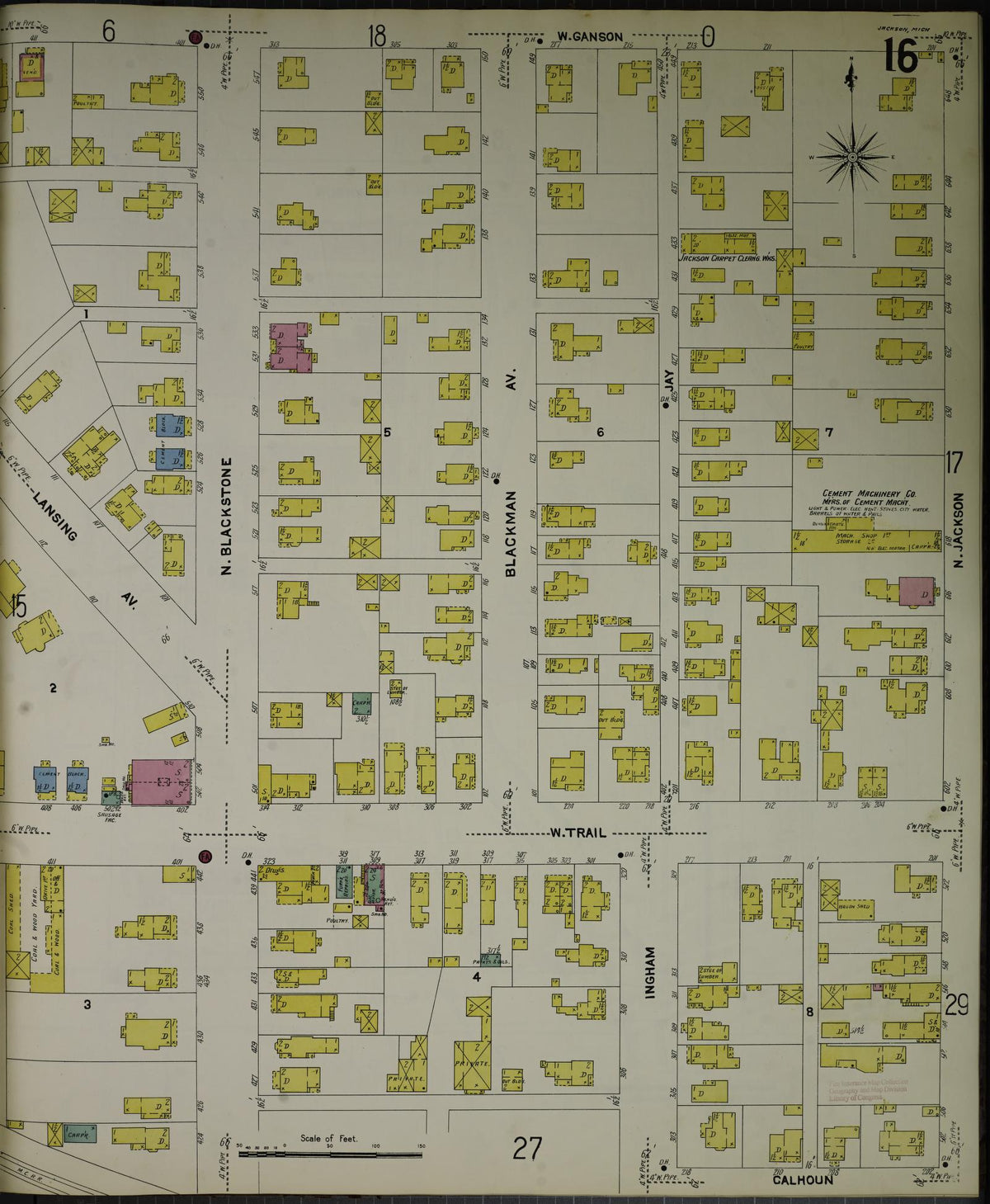 Sanborn Fire Insurance Map from Jackson, Jackson County, Michigan (1907), Sheet #0016 - Historic Sanborn Fire Insurance Map Print, vintage old map wall art, antique decor, genealogy gift, Michigan Michigan map