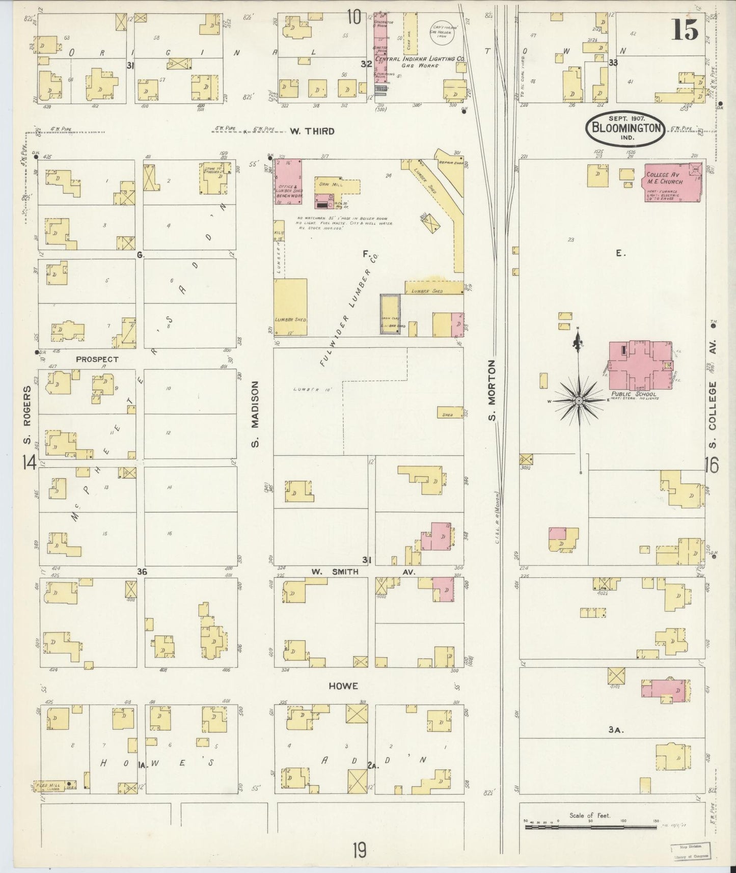 Sanborn Fire Insurance Map from Bloomington, Monroe County, Indiana (1907), Sheet #0015 - Complete Map Set gallery image, historic Sanborn map, vintage wall art, Indiana Indiana